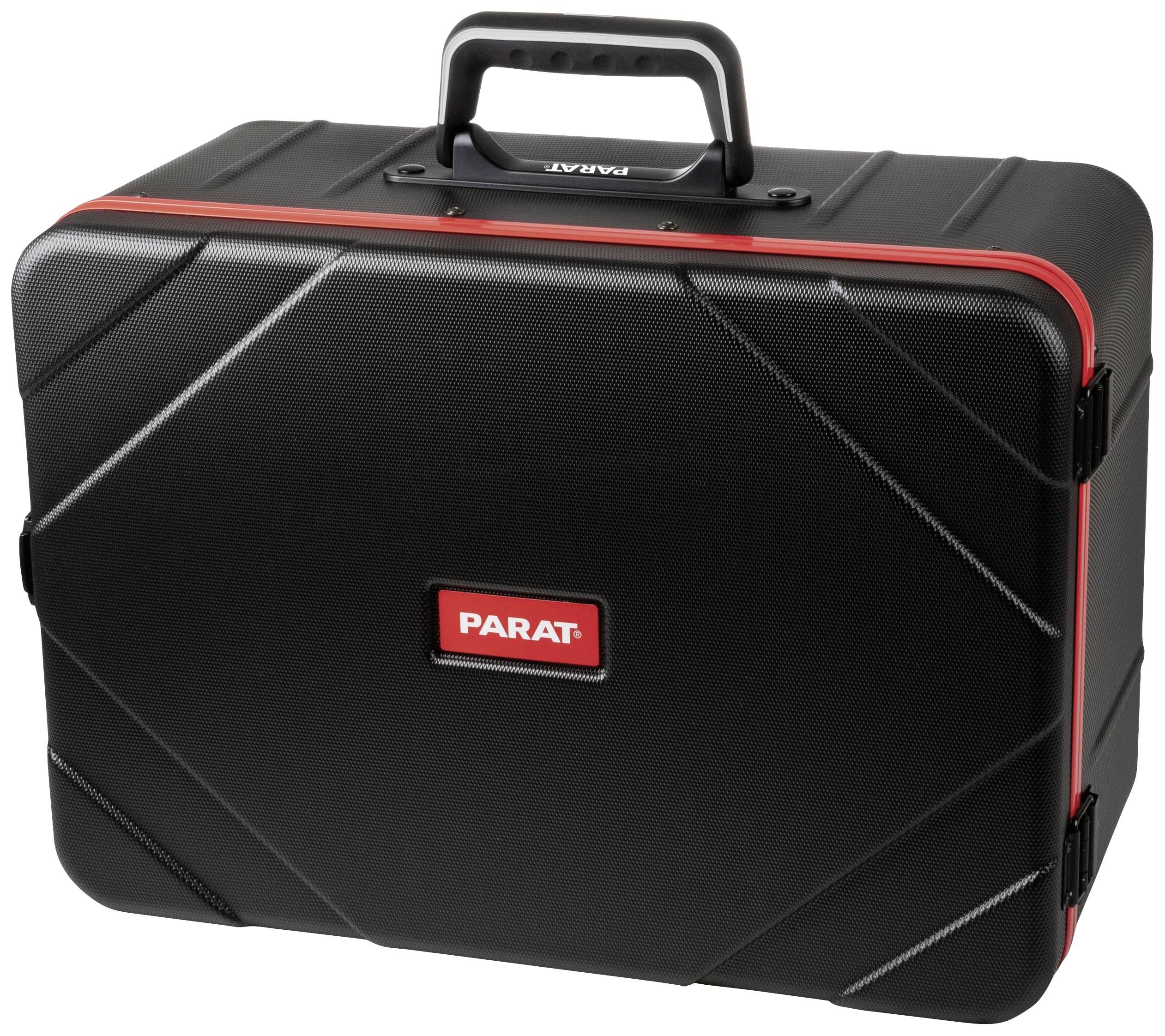 Czarny walizka na narzędzia z czerwoną obwódką i logo 'PARAT', wyposażona w uchwyt, przeznaczona do bezpiecznego transportu narzędzi.