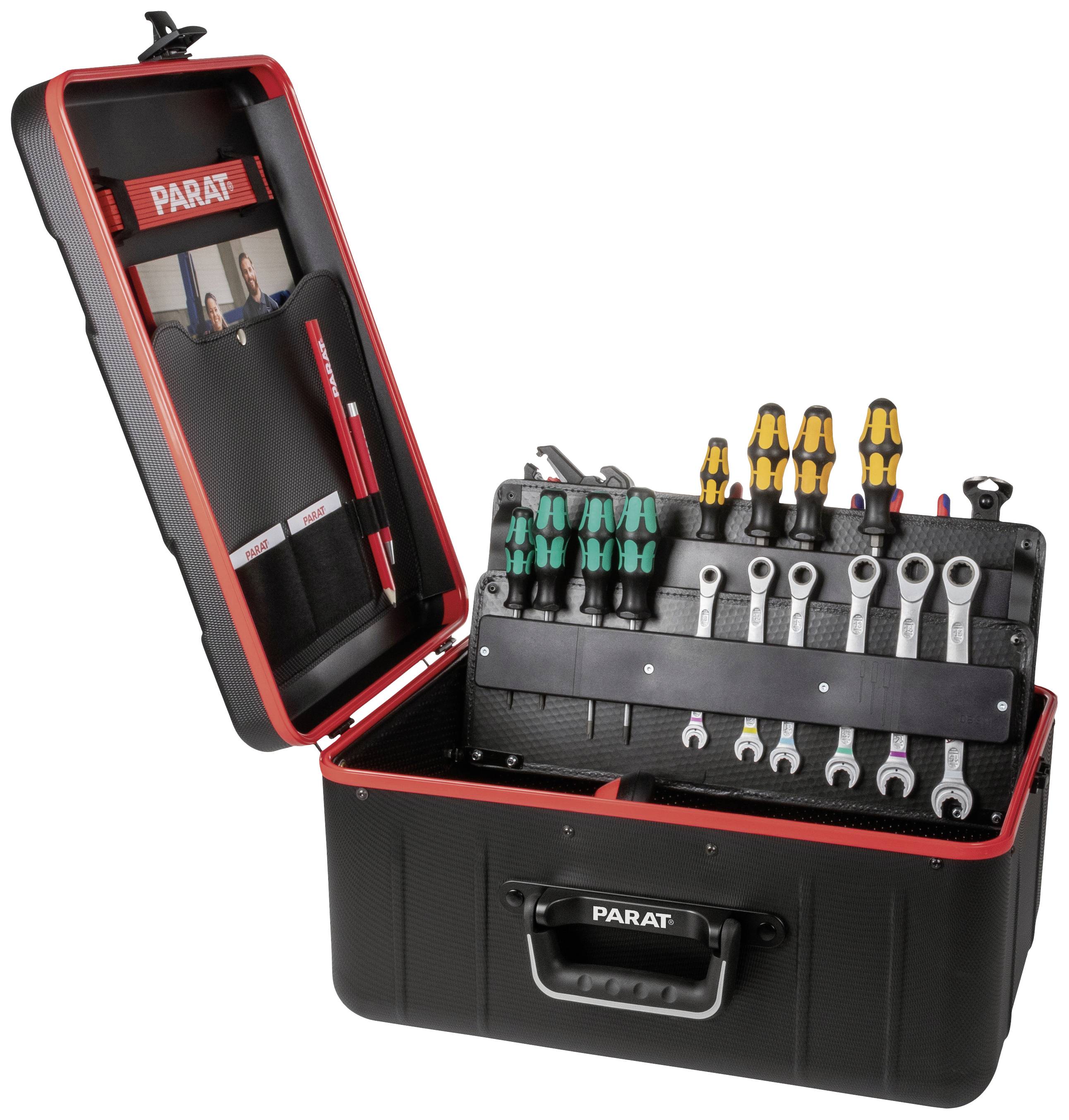 Otwarta skrzynka narzędziowa; zawiera różne wkrętaki i klucze dokładnie ułożone w porządku.