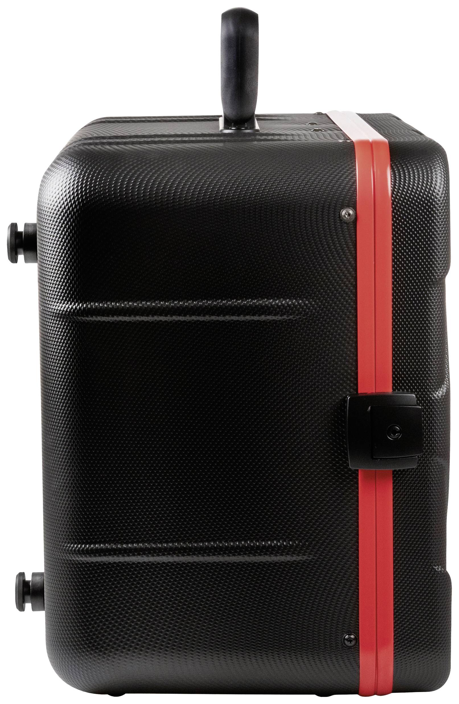 Czarny kuferek podróżny z czerwoną taśmą zamykającą i uchwytem na górze, ujęcie z boku.
