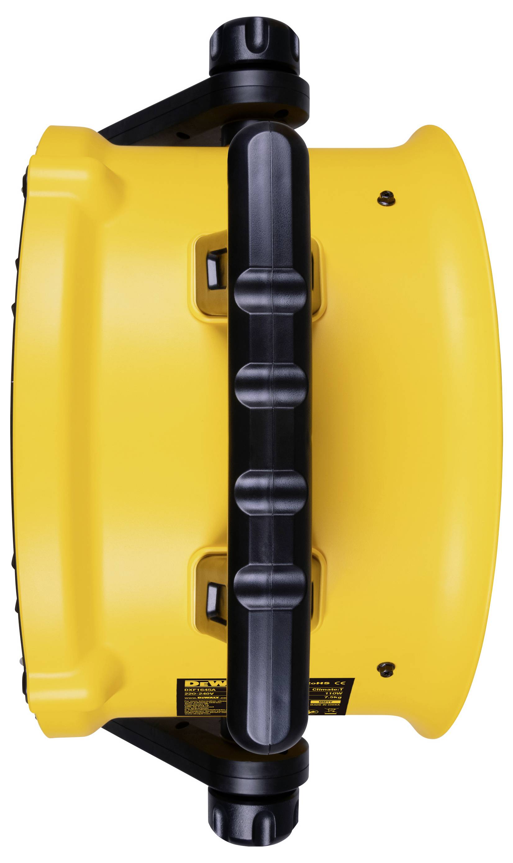 Żółty przenośny wentylator z czarną rączką i regulowanymi przyciskami po bokach. Korpus wentylatora jest solidny i kompaktowy.