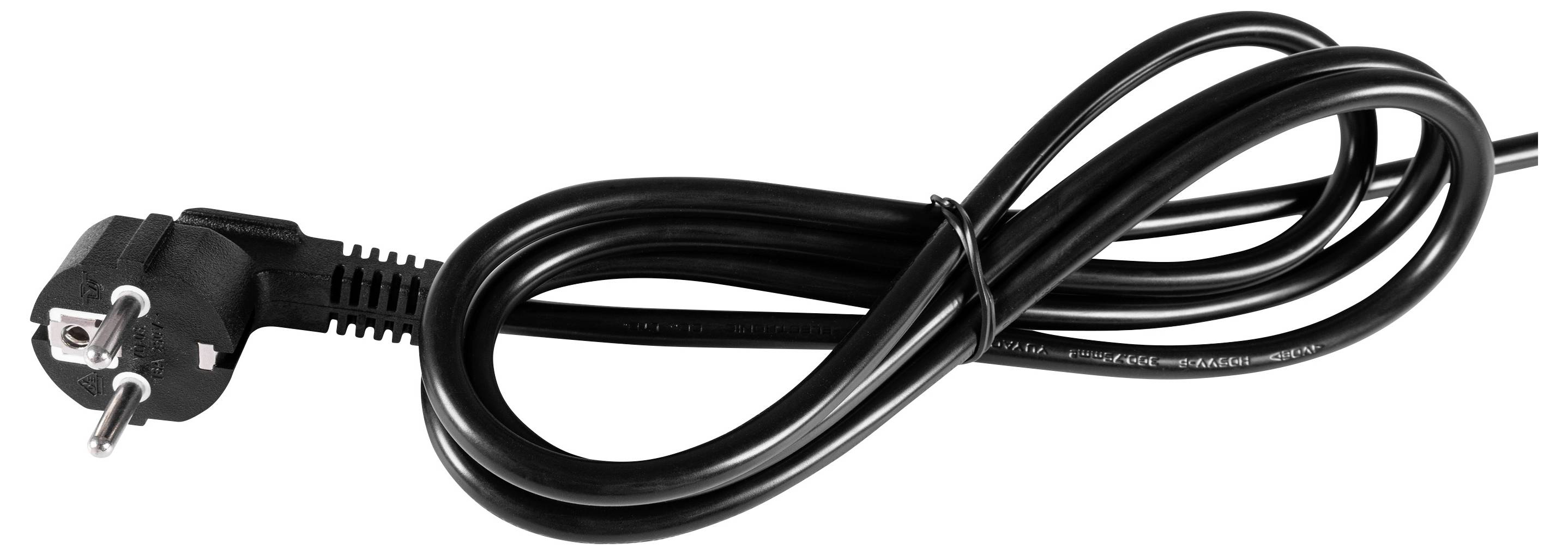 Czarny kabel zasilający z wtyczką Schuko, przedstawiony na białym tle.