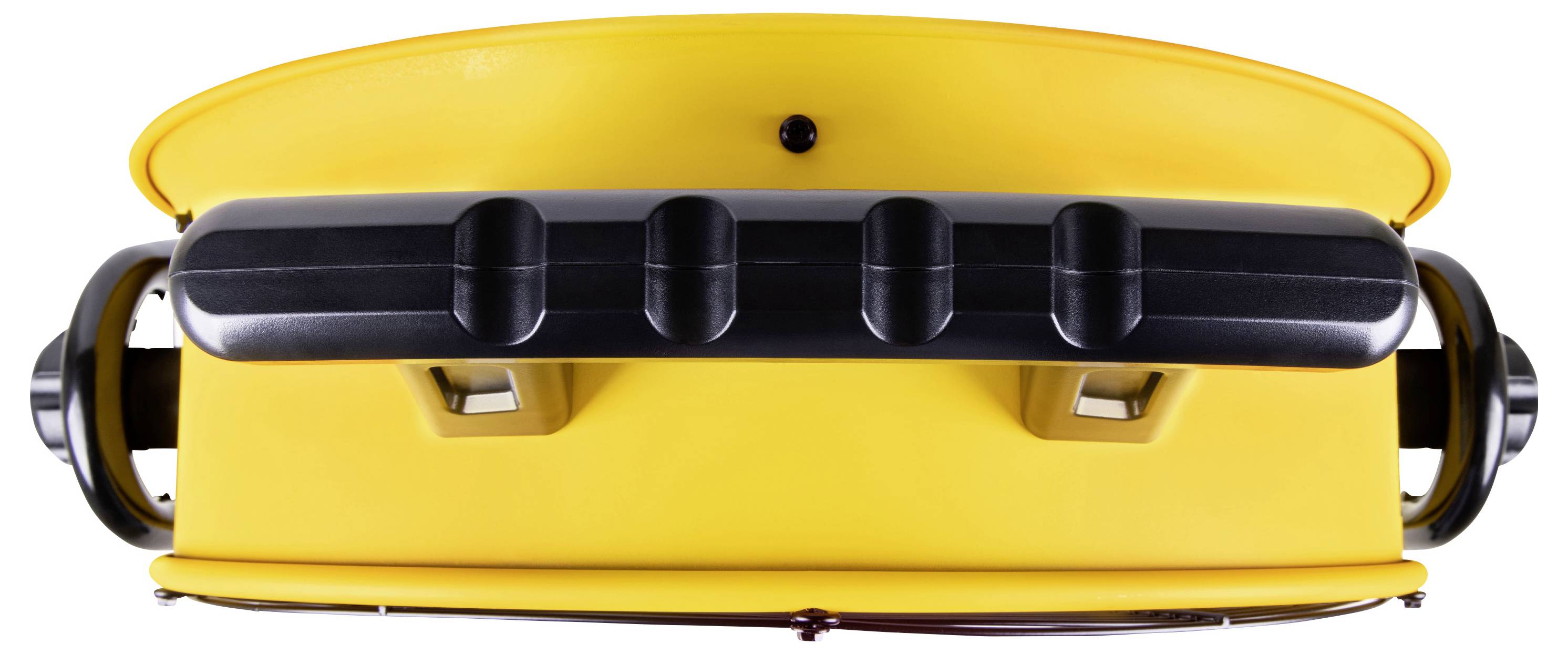 Widok z góry żółtego robota koszącego z dwoma czarnymi kołami i czarnymi przyciskami sterującymi, odizolowany na białym tle.