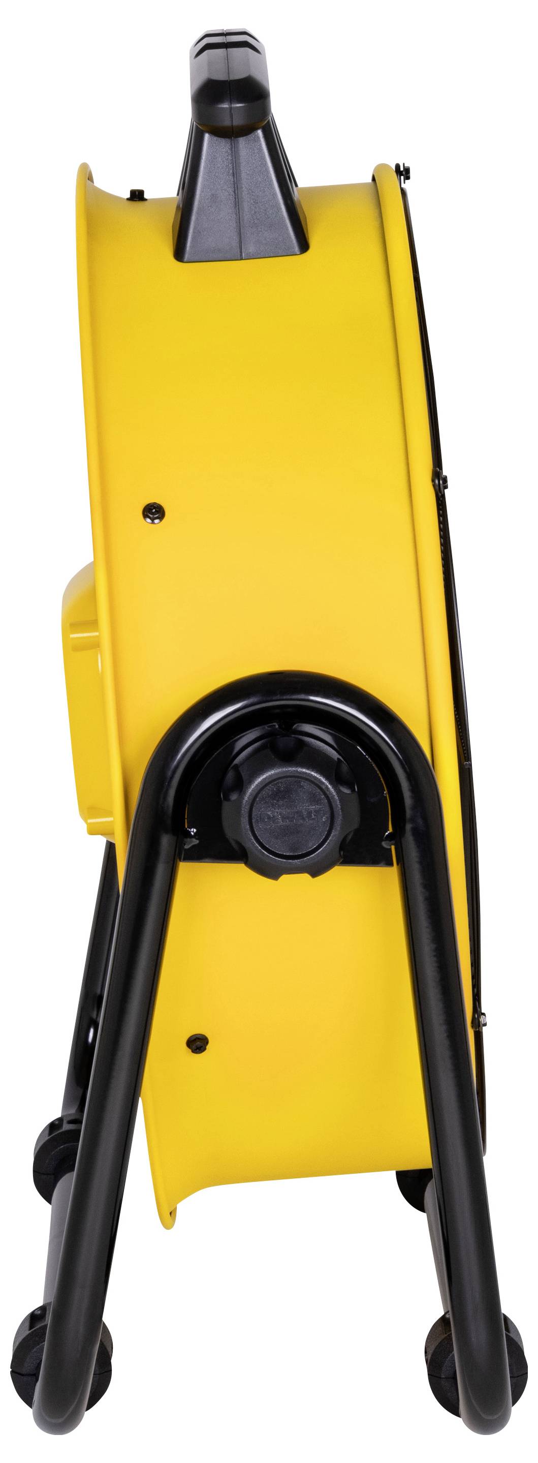 Żółte, widoczne z boku urządzenie na czarnym stojaku. Na górze posiada uchwyt, prawdopodobnie jest to wentylator lub bęben kablowy.