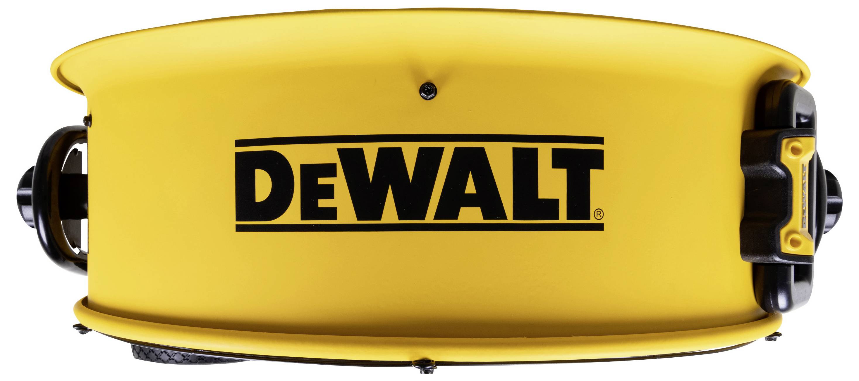 Żółty futerał narzędzi DEWALT z czarnymi uchwytami i zatrzaskami, pokazany zamknięty na białym tle.