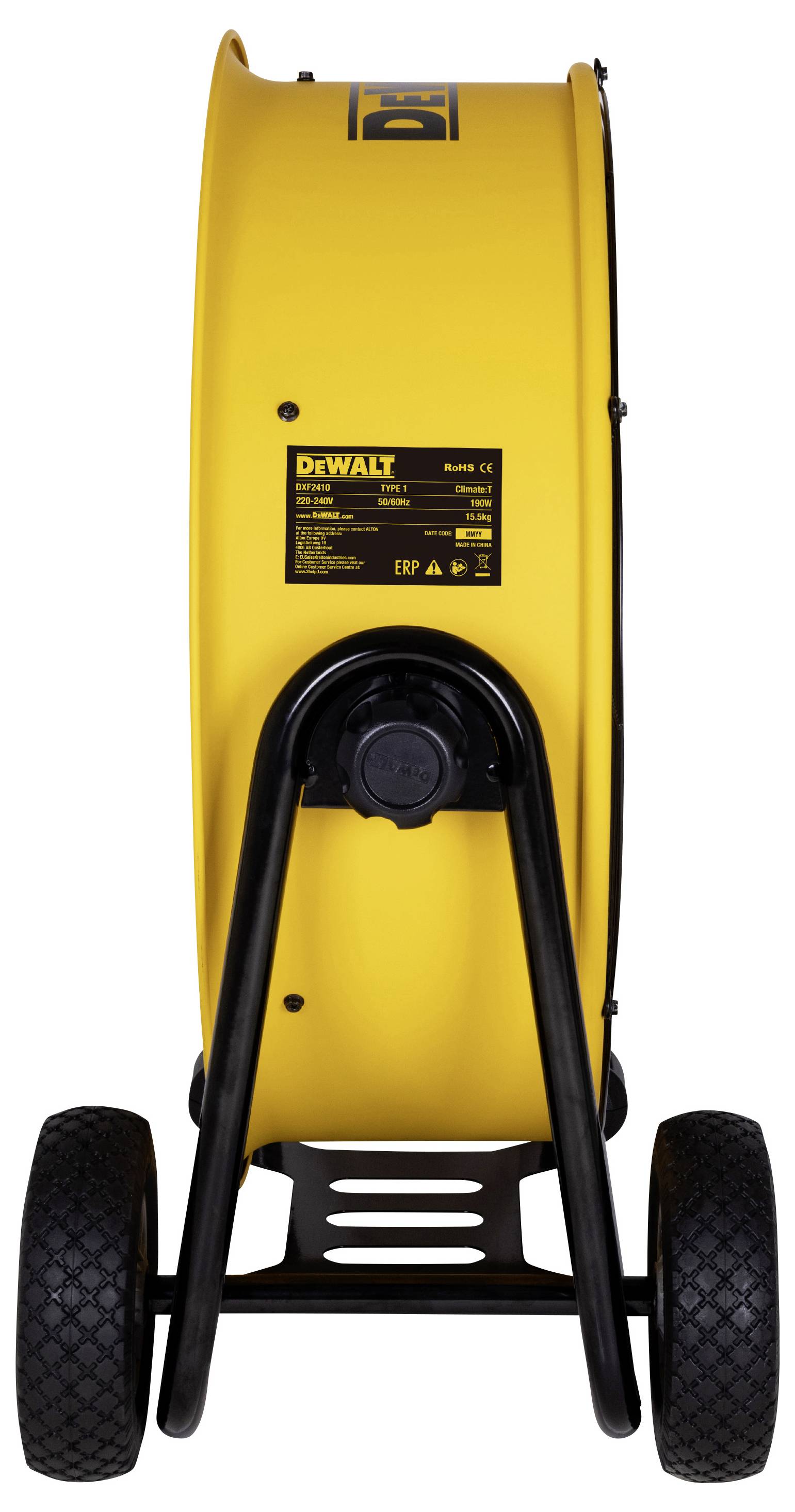 Żółta pionowa kompresorowa sprężarka powietrza DeWalt na kołach z dużymi czarnymi oponami, widoczna z tyłu na białym tle.