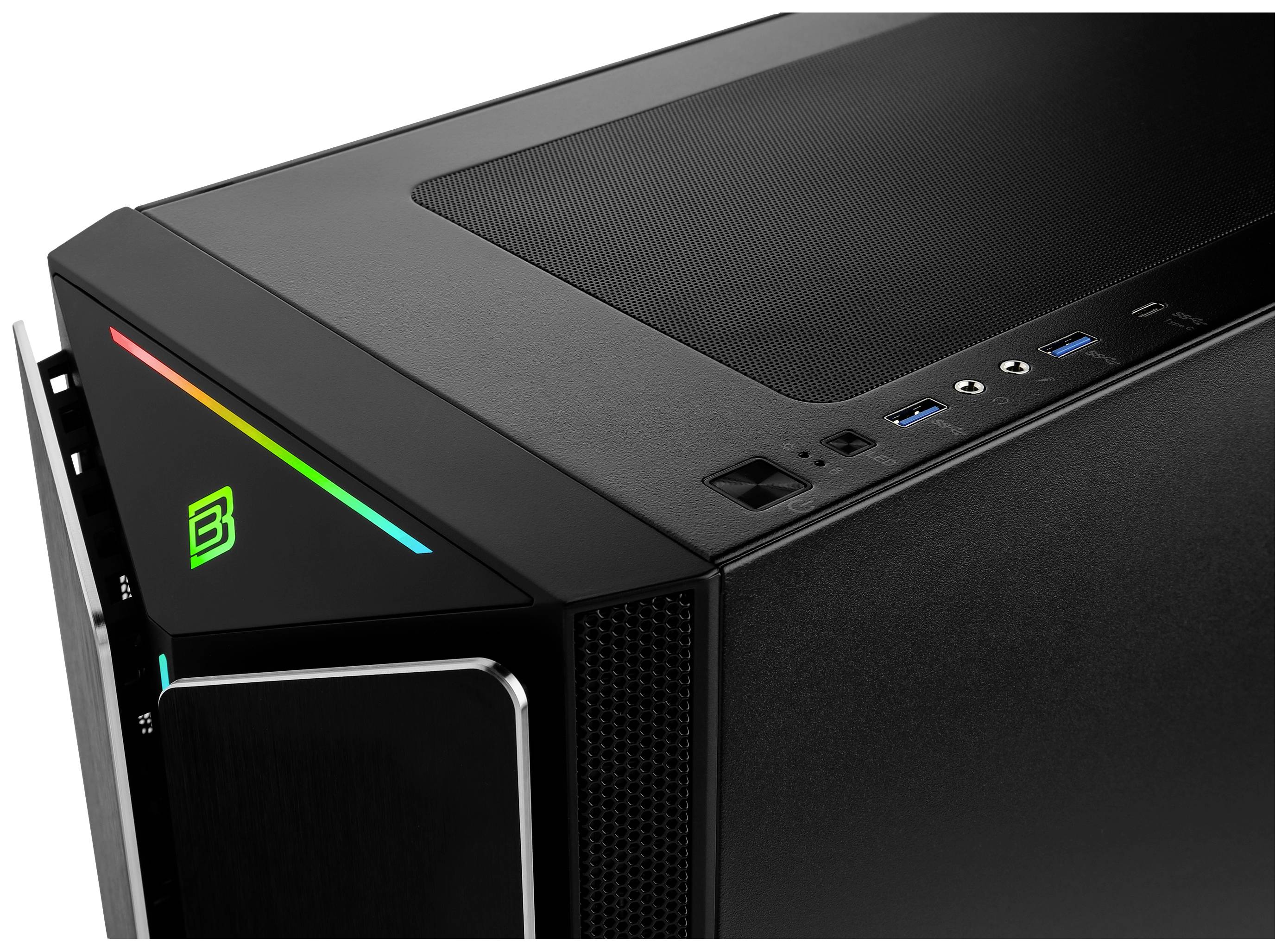 Czarna obudowa komputera z podświetlanymi paskami LED oraz wieloma gniazdami USB z przodu.