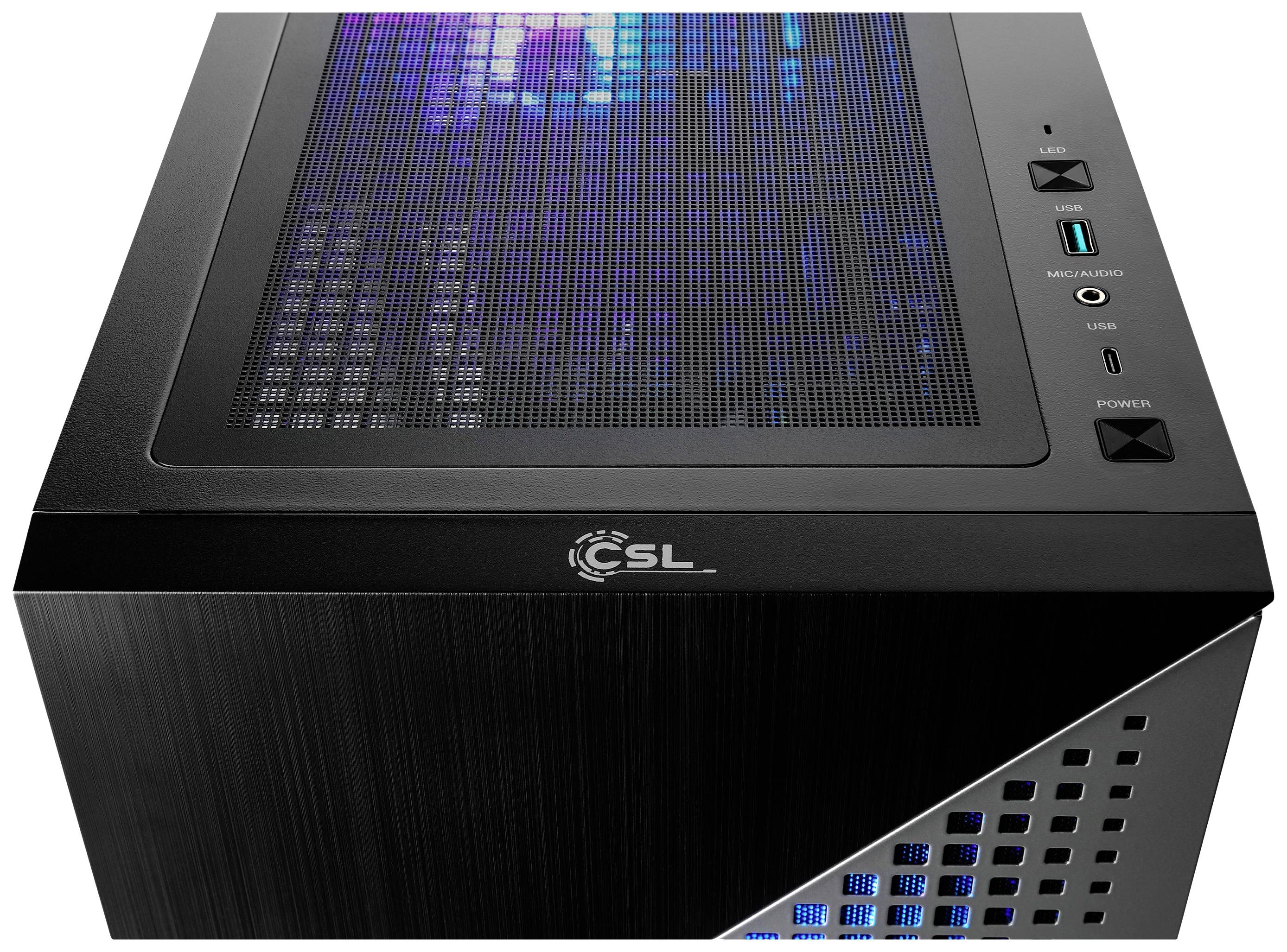 Czarny komputer PC firmy CSL, z widoczną górną siatką obudowy i bocznymi otworami wentylacyjnymi, złączami USB i audio na górze.