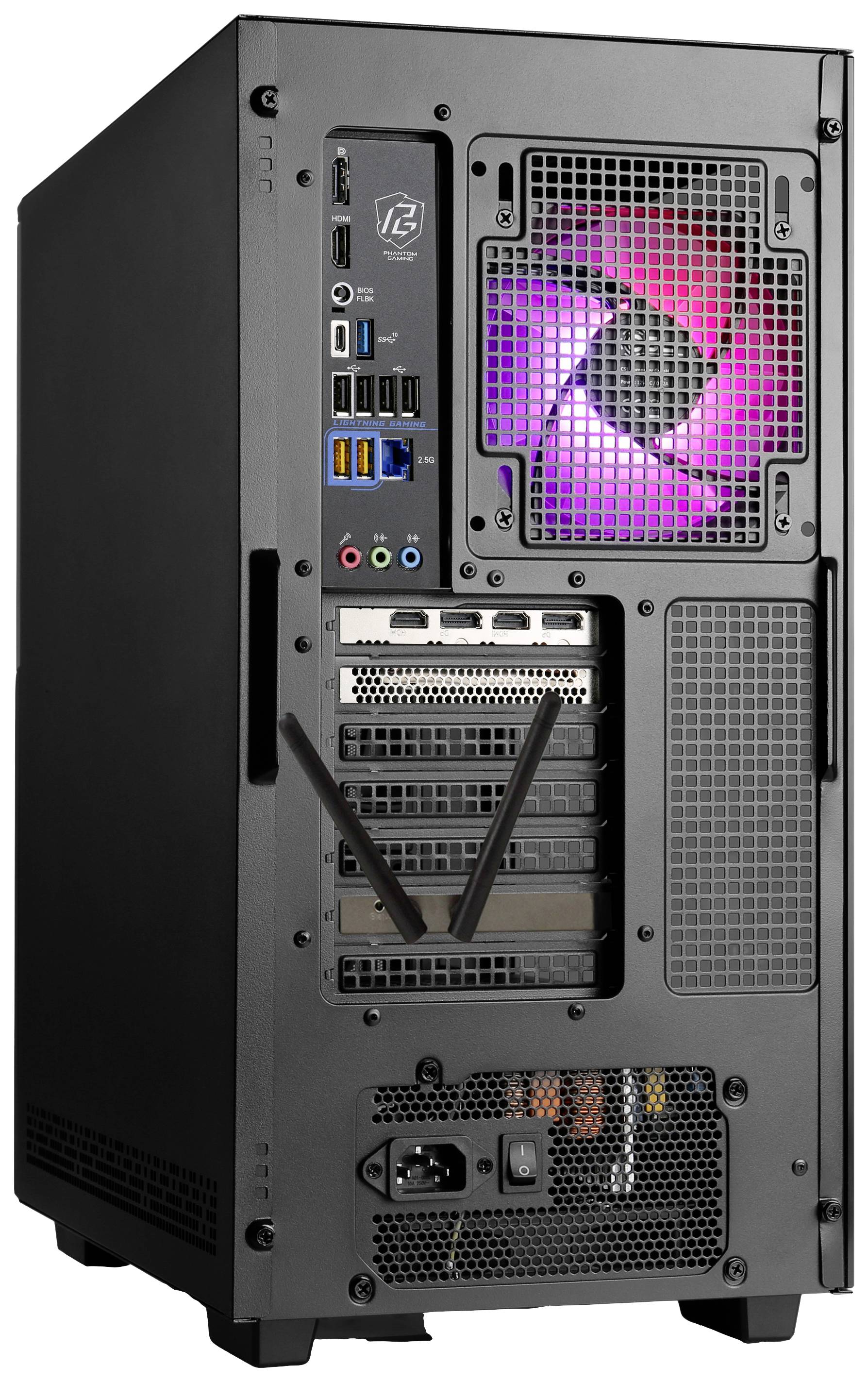 Tylna część obudowy komputera z widocznymi złączami, wentylatorem z podświetleniem LED i antenami Wi-Fi.