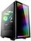 Obudowa komputera z podświetleniem RGB prezentuje nowoczesny design. Przednia ściana przezroczysta z kolorowymi światłami, wewnątrz widoczne wentylatory.