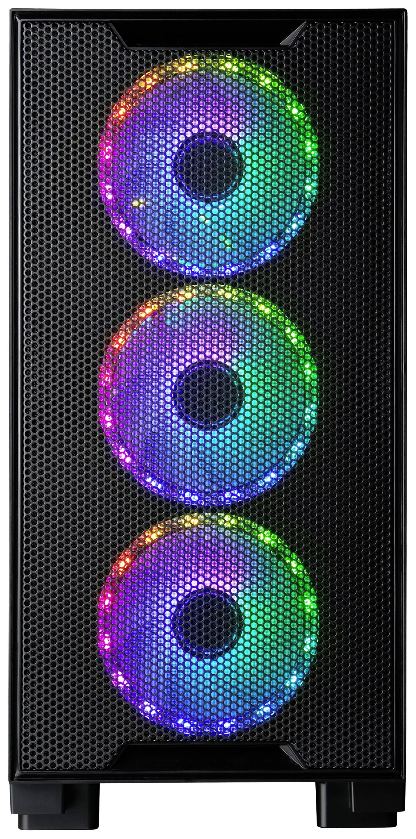 Obudowa komputera do gier z trzema wentylatorami RGB z przodu, świecącymi w różnych kolorach, zapewnia odpowiednią wentylację i efektowne oświetlenie.