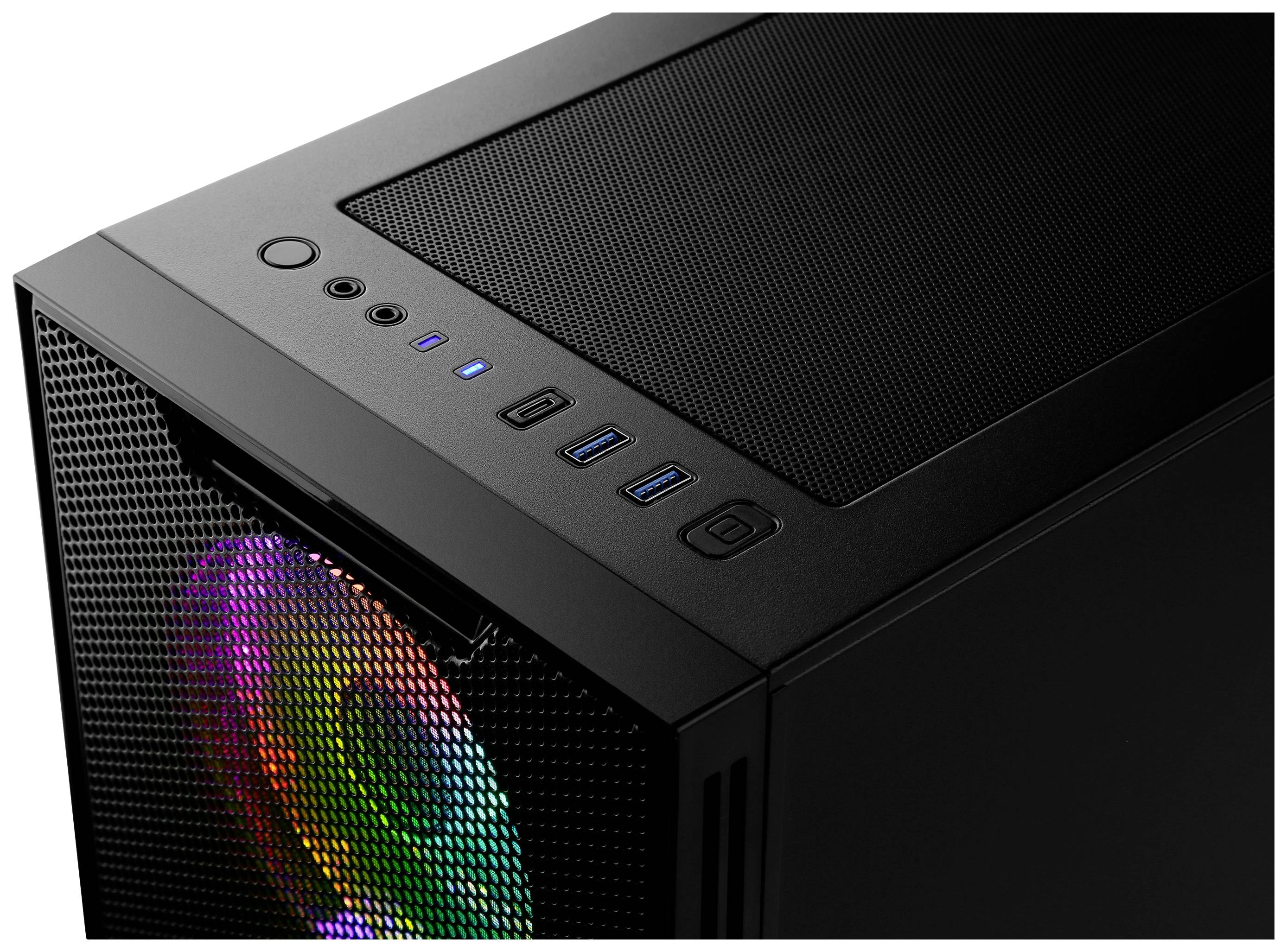 Czarna obudowa komputera z kolorowymi wentylatorami LED, portami USB i przyciskiem zasilania na górnej części.