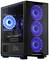 Czarny komputer w obudowie z oknem bocznym, z trzema niebieskimi wentylatorami LED z przodu oraz jednym niebieskim wentylatorem LED wewnątrz.
