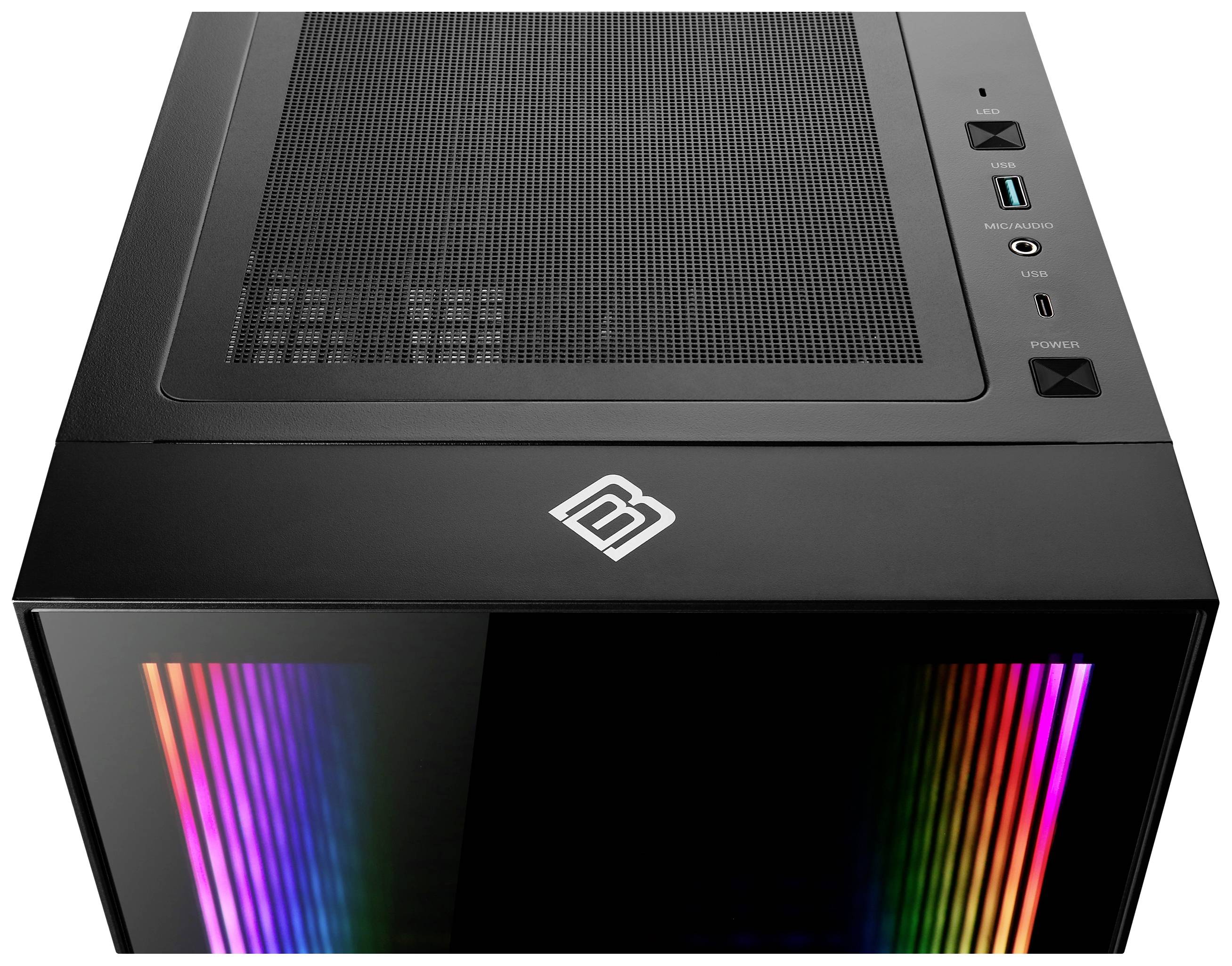 Czarna obudowa komputera z przezroczystym panelem przednim i świecącymi paskami RGB. Na górze znajdują się złącza i przycisk zasilania.