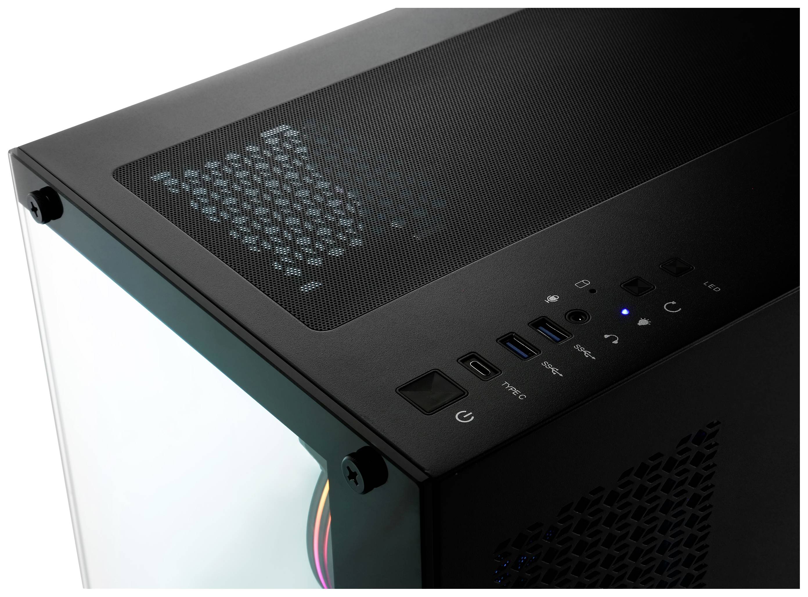Czarne obudowa komputerowa z przezroczystą ścianką boczną, portami USB i podświetleniem LED na górnej powierzchni. Szczeliny wentylacyjne zapewniają odpowiednie chłodzenie.