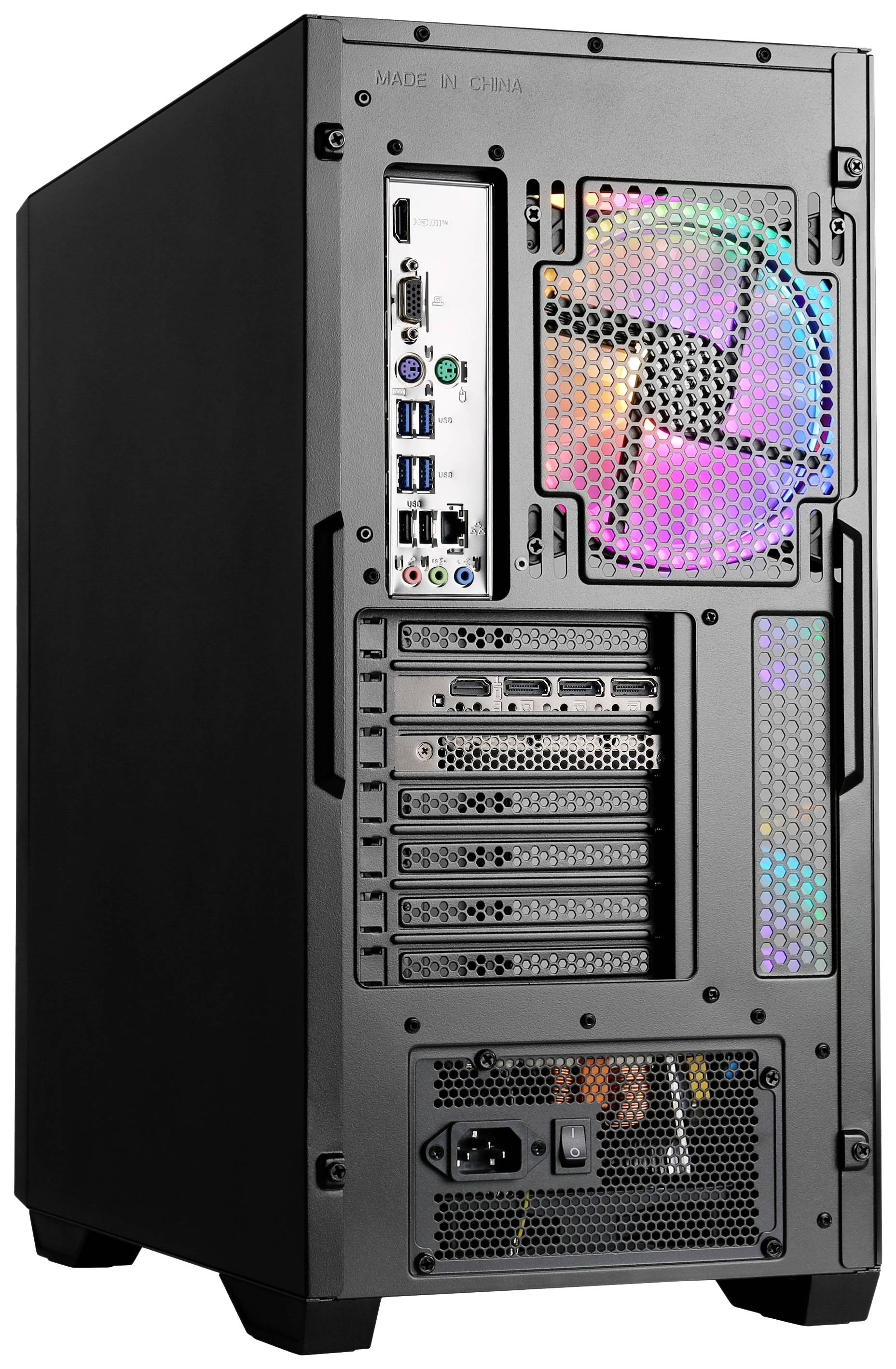 Tył komputera stacjonarnego z portami, wentylatorem z podświetleniem RGB oraz wieloma sloatmi rozszerzeń.