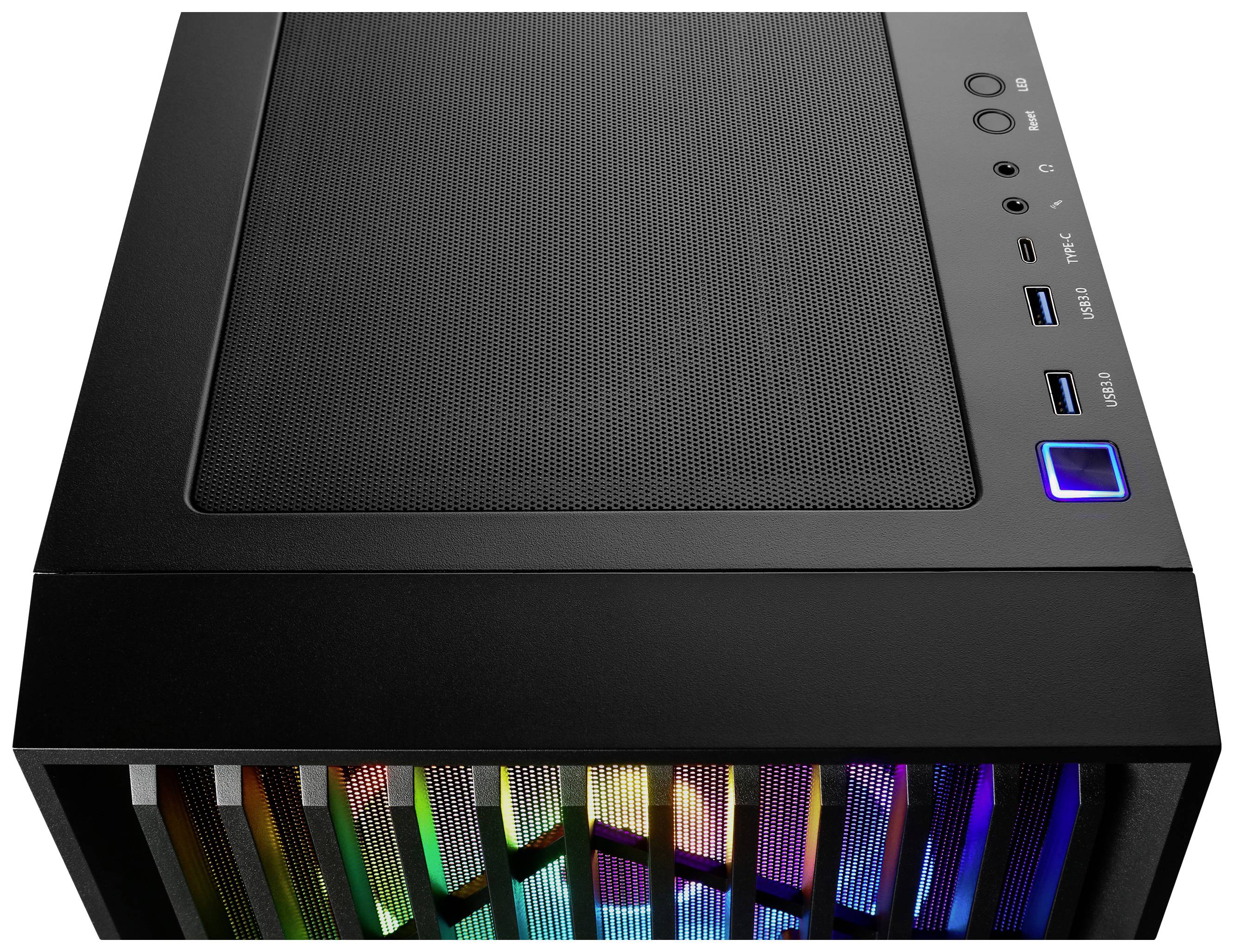 Czarna obudowa komputera widziana z góry, z portami USB i podświetlonym przyciskiem zasilania. Przód prezentuje kolorowe podświetlenie wentylatorów.