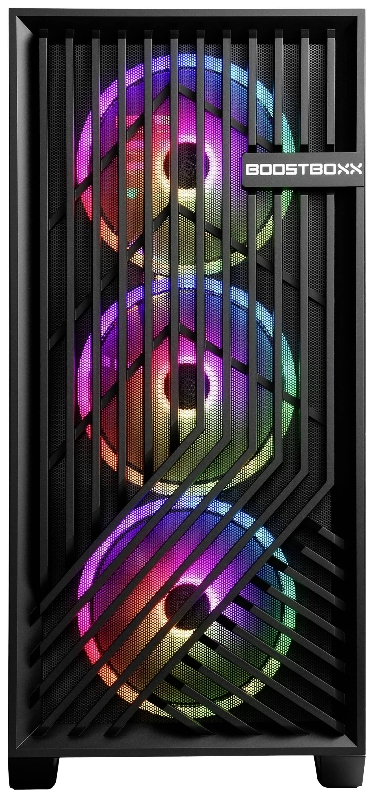 Czarna obudowa komputera z trzema podświetlanymi wentylatorami w kolorach tęczy, widocznymi przez kratkowate przednie panel.