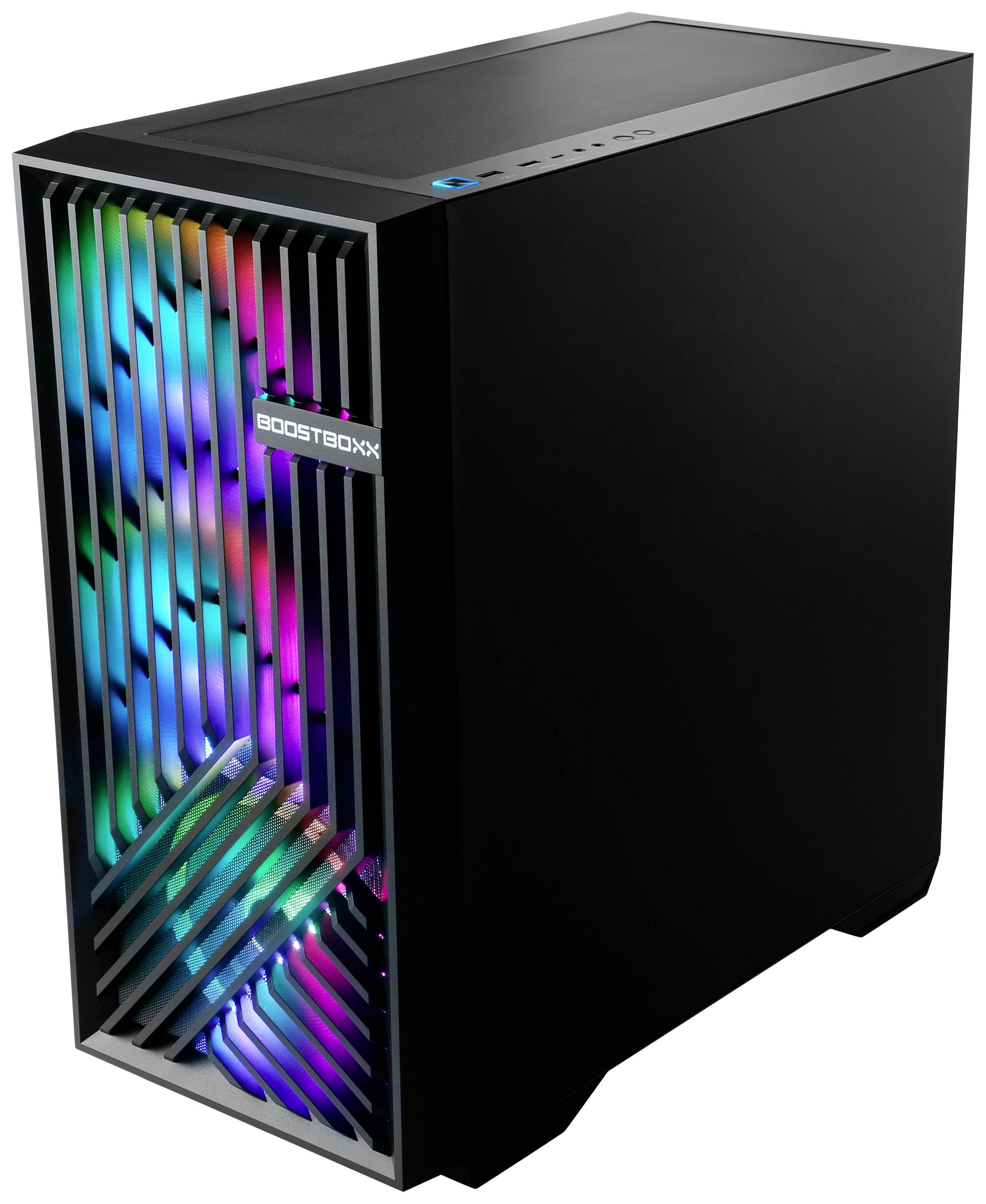 Czarny komputer tower z kolorowymi, świecącymi diodami LED za kratką na przedniej ścianie.