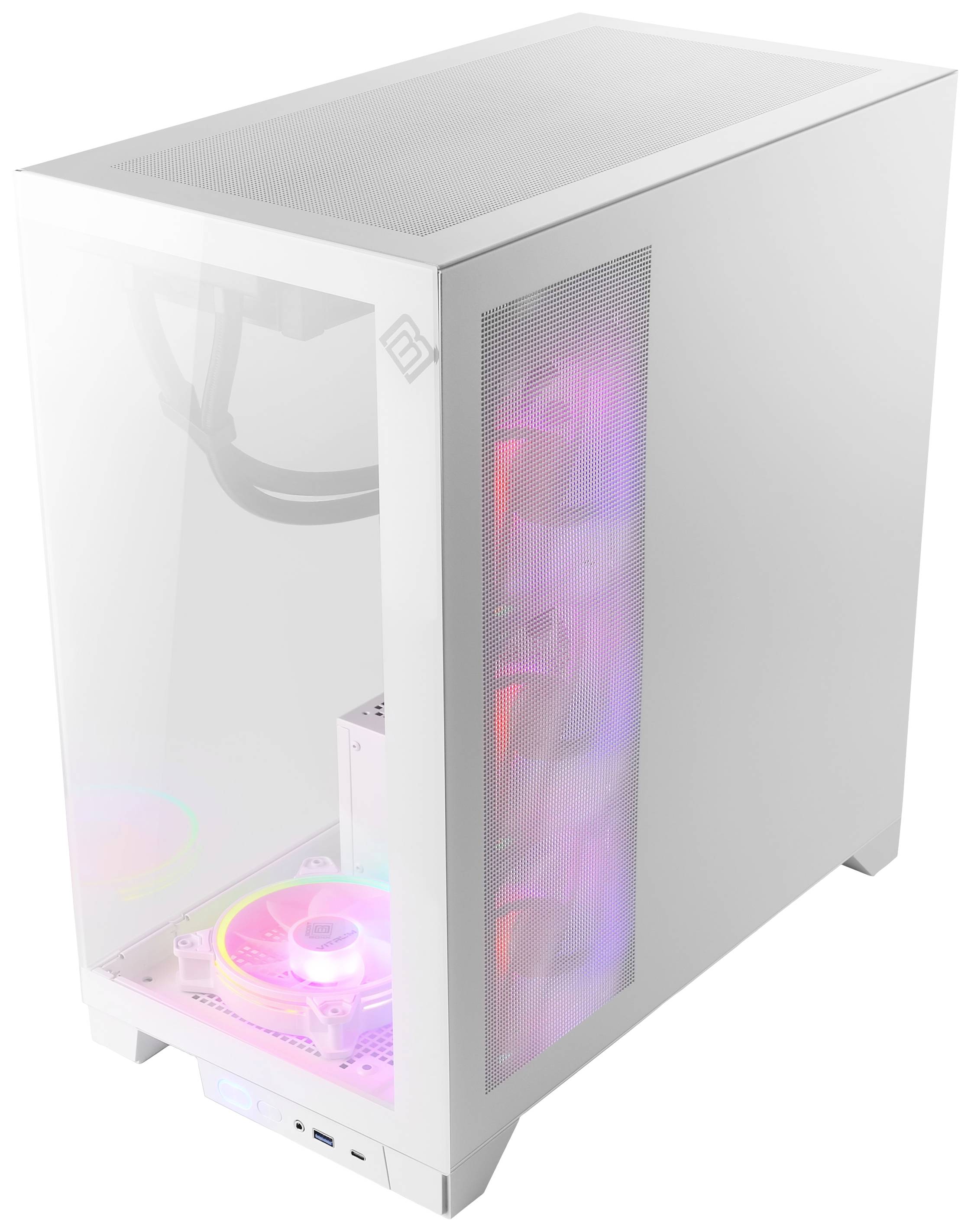 Białą obudowę komputera z przezroczystymi panelami frontowymi i bocznymi zdobią wewnątrz kolorowo podświetlone wentylatory LED.