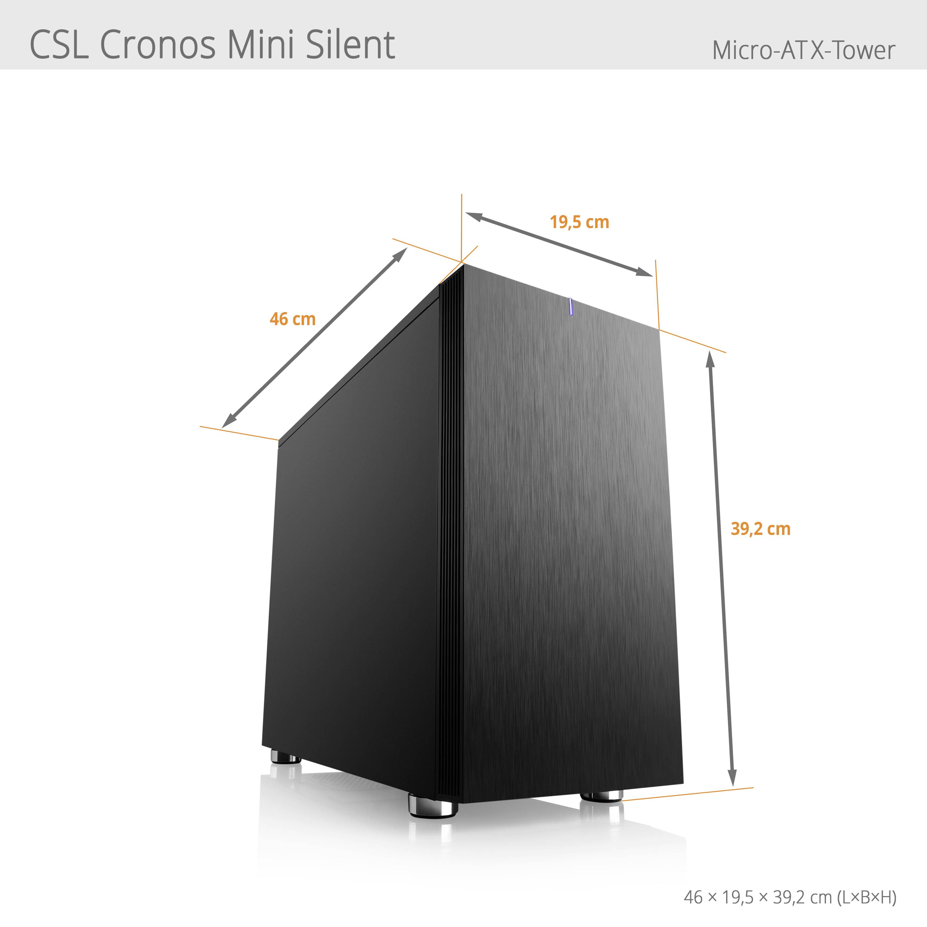 'CSL Cronos Mini Silent, obudowa Micro-ATX. Wymiary: 46 cm (dł.) x 19,5 cm (szer.) x 39,2 cm (wys.). Czarna, minimalistyczna obudowa.'