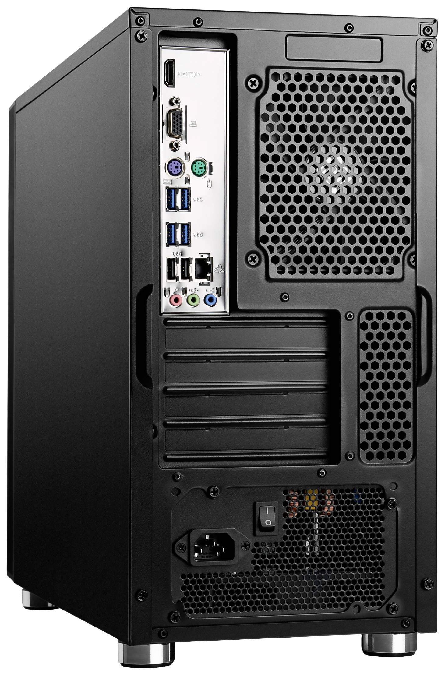 Tylna strona komputera stacjonarnego z wieloma złączami, w tym gniazdami USB, HDMI i wejściami audio, a także wentylatorem.
