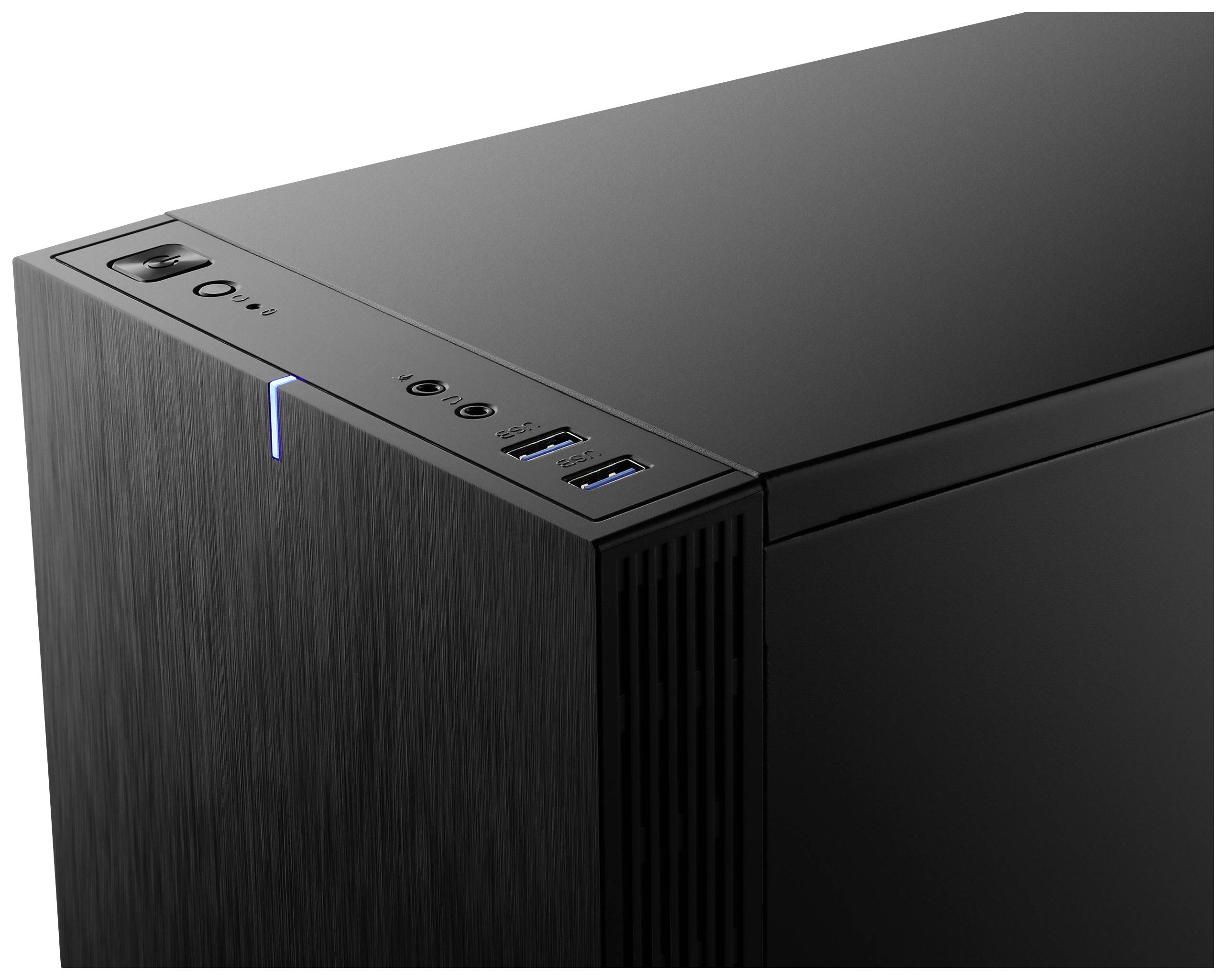 Czarna obudowa komputera z gniazdami USB i przyciskiem włączania na górnej powierzchni. Minimalistyczny design dla wydajnych komputerów.