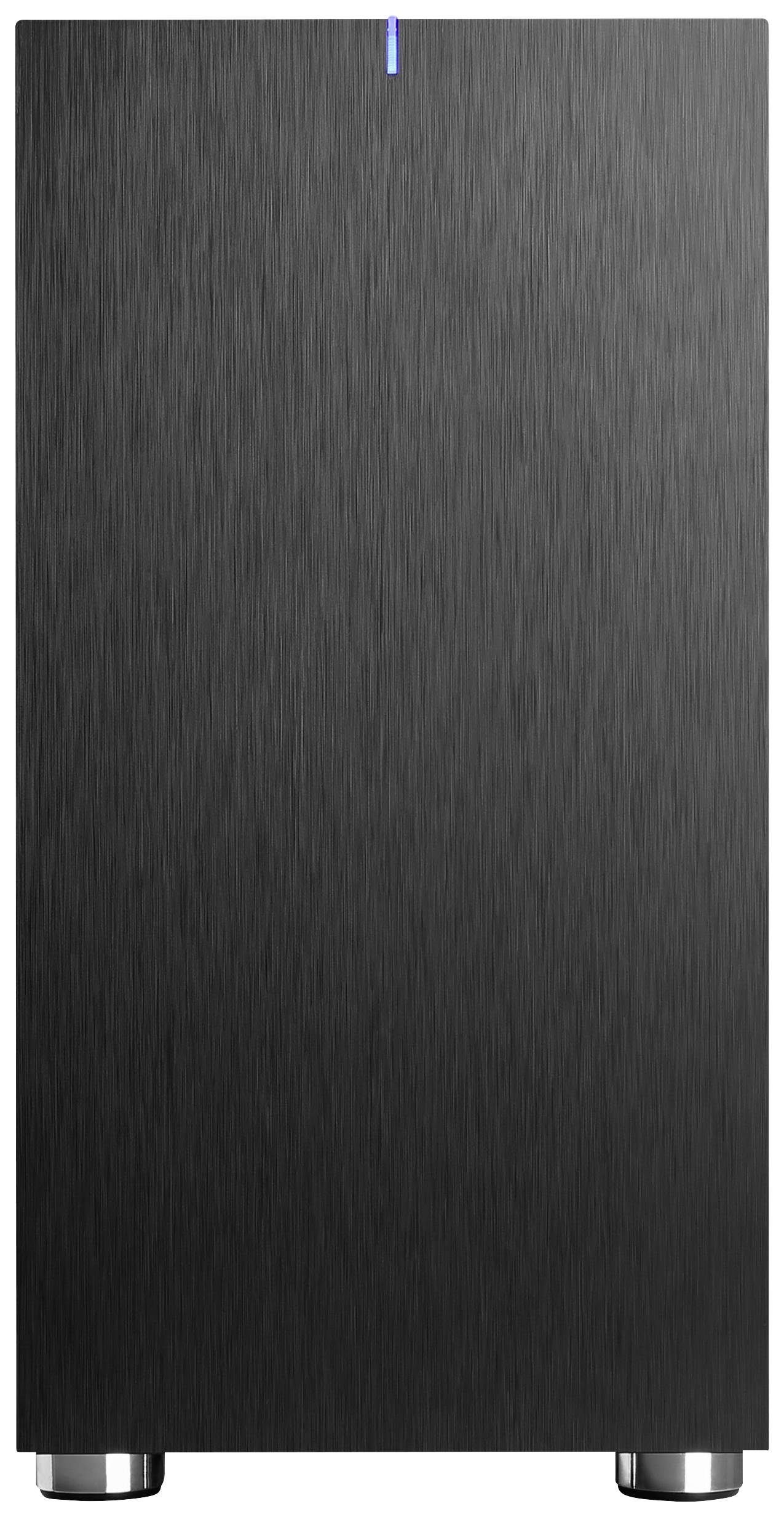 Czarny lodówka z szczotkowaną powierzchnią ze stali nierdzewnej i niebieskim wskaźnikiem świetlnym na górze.