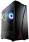 Czarna obudowa komputera z przezroczystym panelem bocznym, przez który widać kolorowe podświetlenie LED oraz komponenty wewnętrzne.