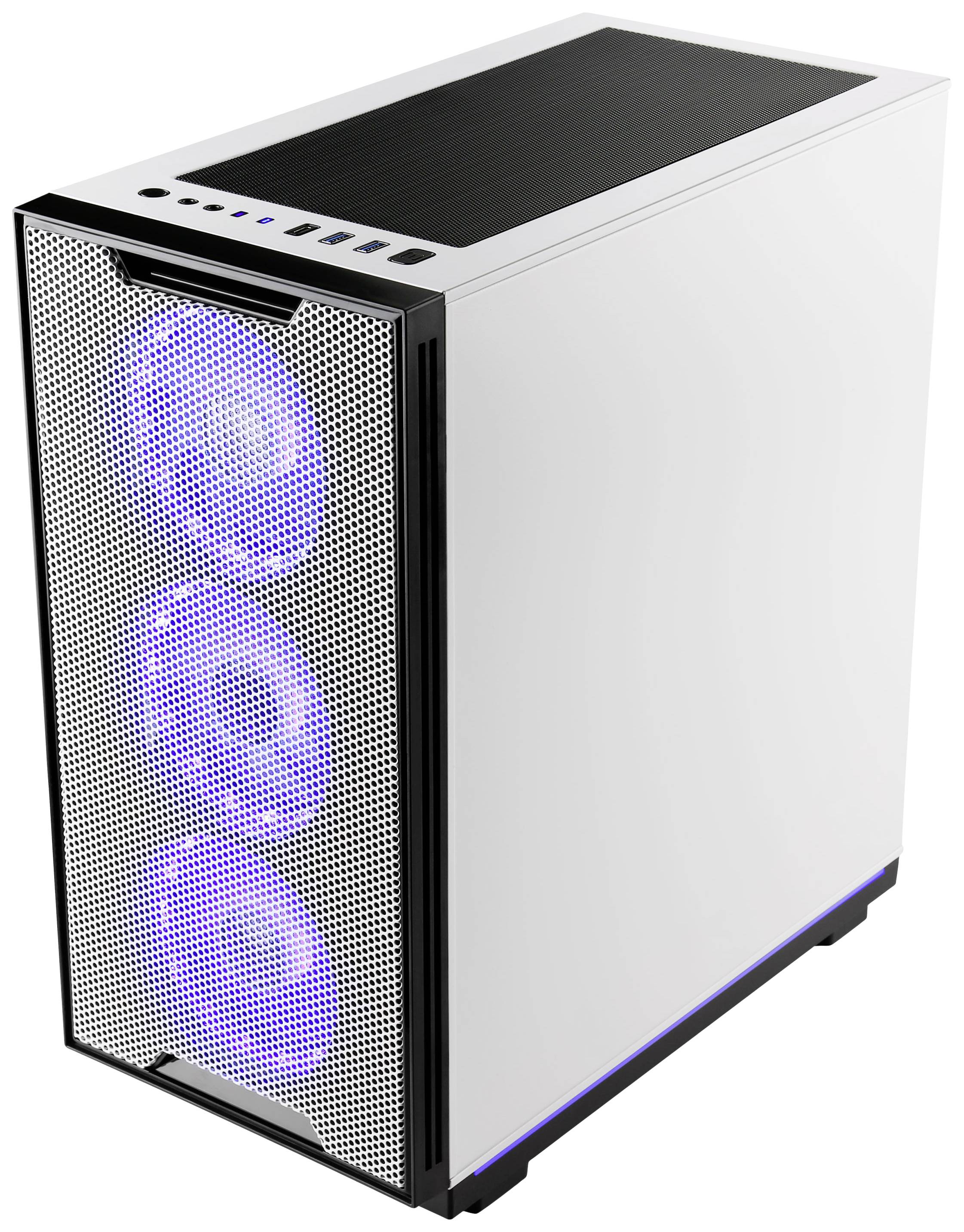 Białe obudowa komputerowa z trzema świecącymi na niebiesko wentylatorami z przodu. Odpowiednia do budowy komputera i chłodzenia.