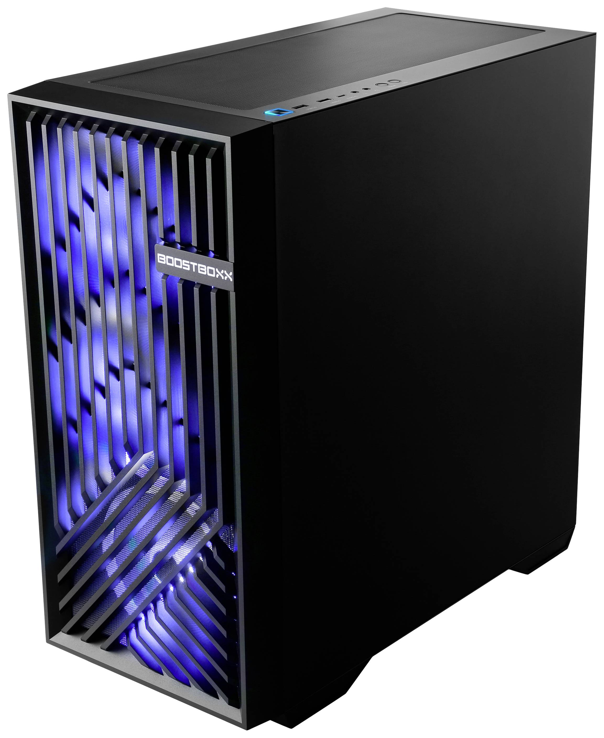 Czarny komputer stacjonarny z niebieskim podświetleniem LED z przodu.