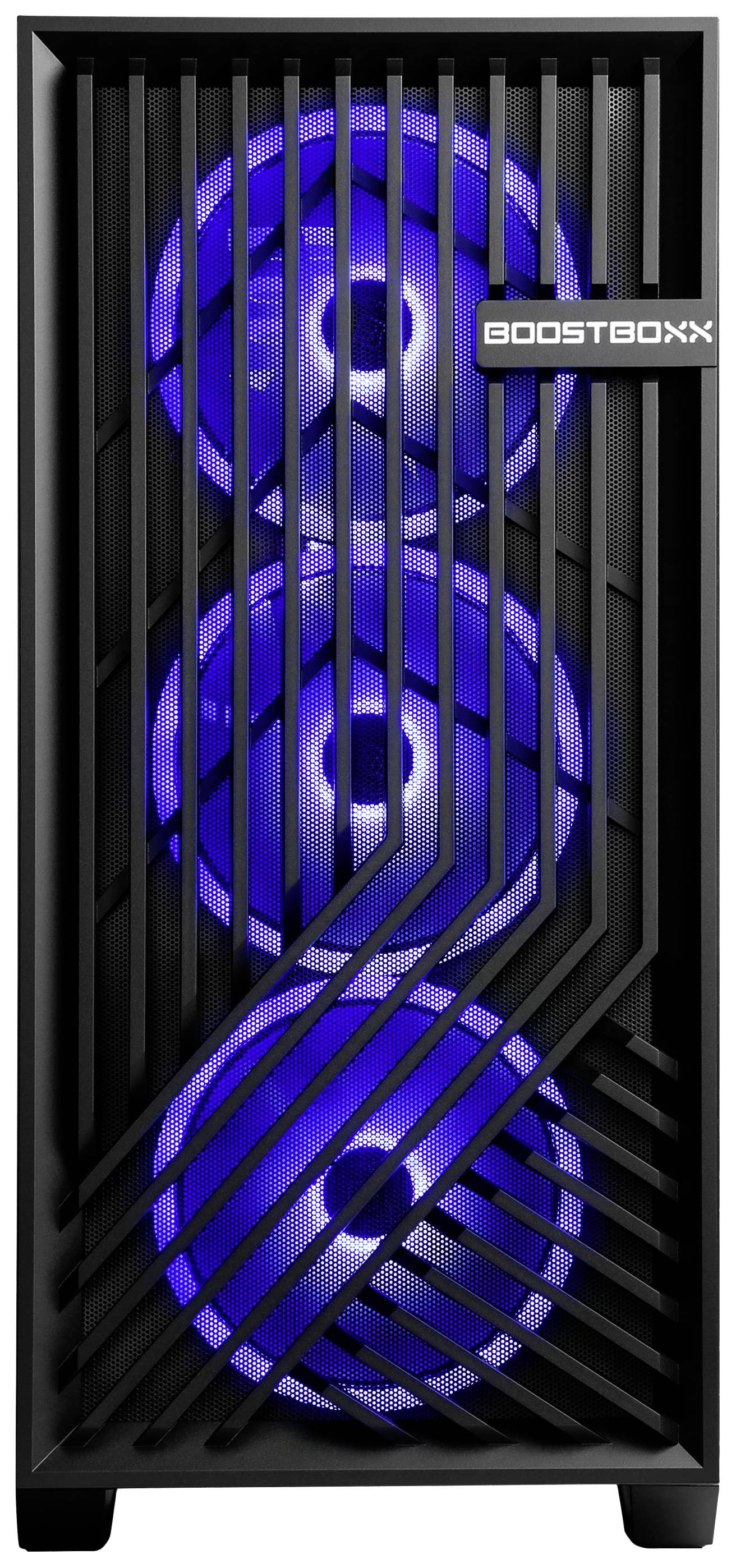 Czarne obudowa komputera z niebiesko podświetlanymi wentylatorami oraz logo 'BOOSTBOXX' w górnym prawym rogu przedniej strony.