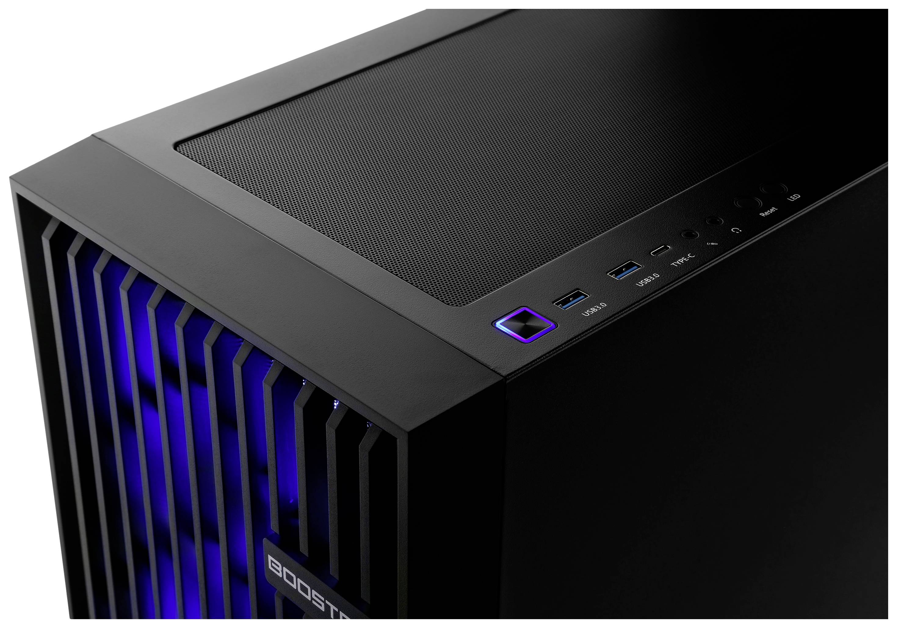 Czarna obudowa komputera z niebieskim podświetleniem z przodu. Na górze znajdują się porty USB oraz przycisk zasilania.