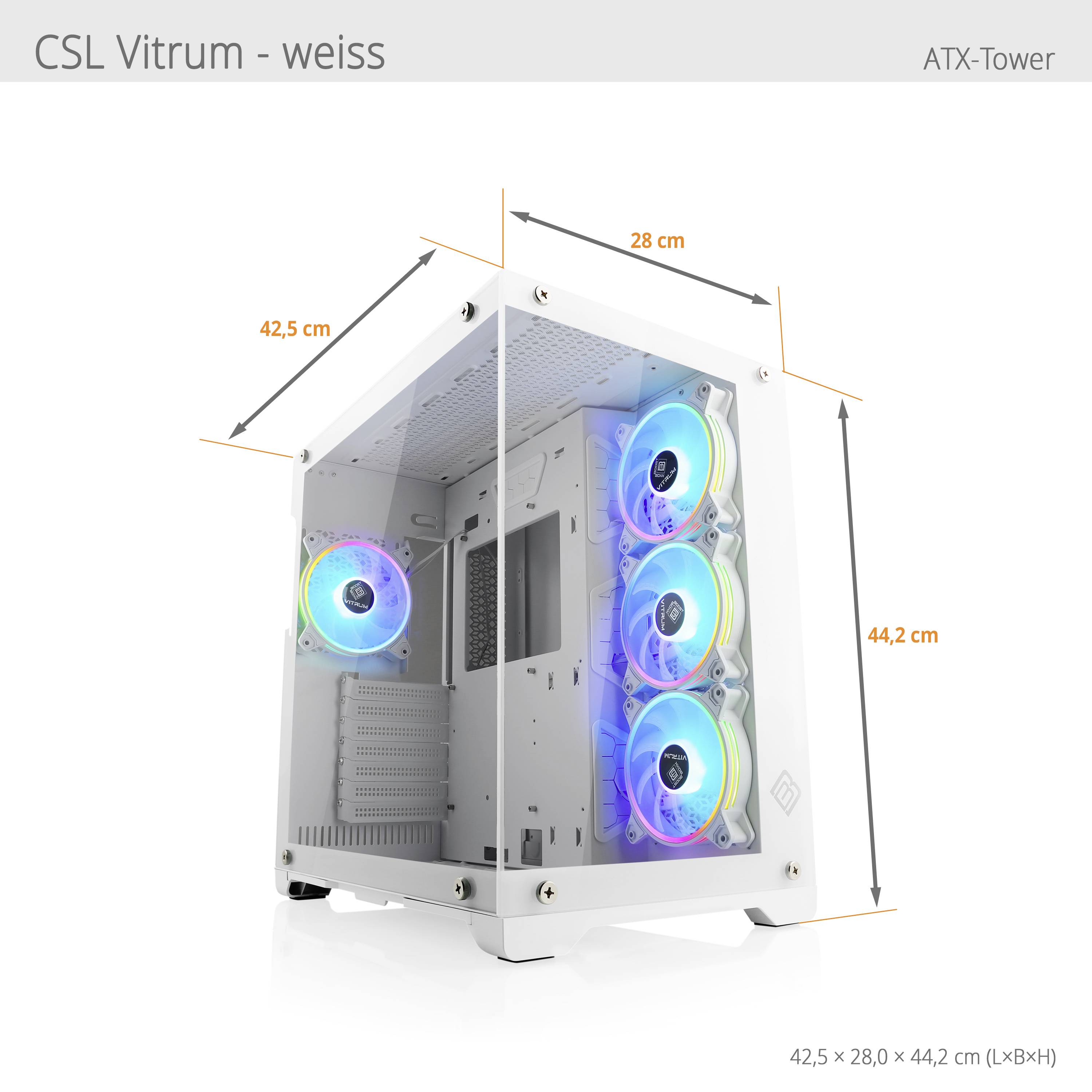 Biała obudowa tower ATX 'CSL Vitrum' z trzema podświetlanymi wentylatorami. Wymiary: 42,5 x 28,0 x 44,2 cm (dł. x szer. x wys.).