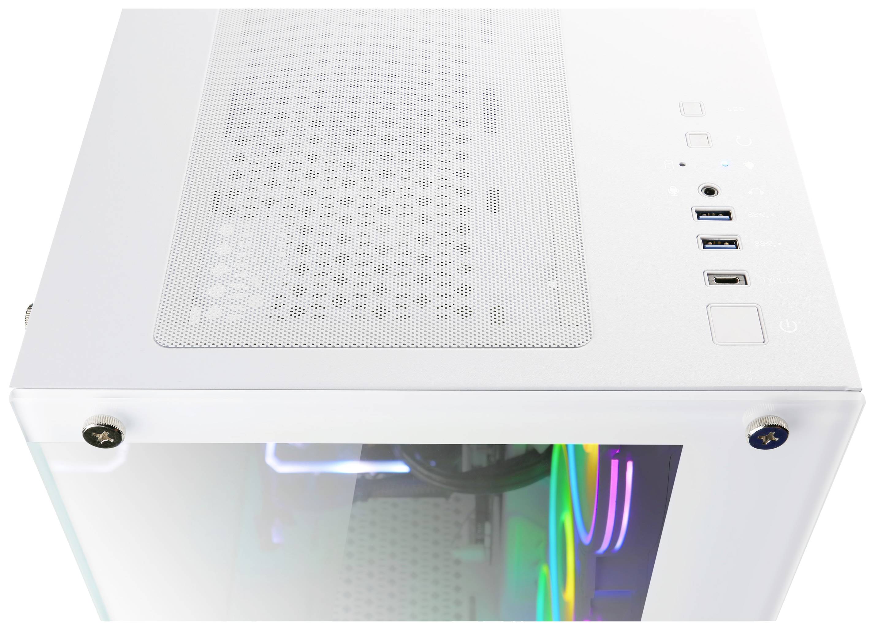 Białe obudowa komputera PC z przezroczystą boczną ścianką prezentuje kolorowe podświetlenie LED wewnątrz, z widocznymi licznymi złączami na górnej powierzchni.