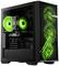 Komputer do gier z zielonym podświetleniem obudowy, szklane okno ukazuje wentylatory i kartę graficzną. Z przodu wzór LED i logo Boostboxx.