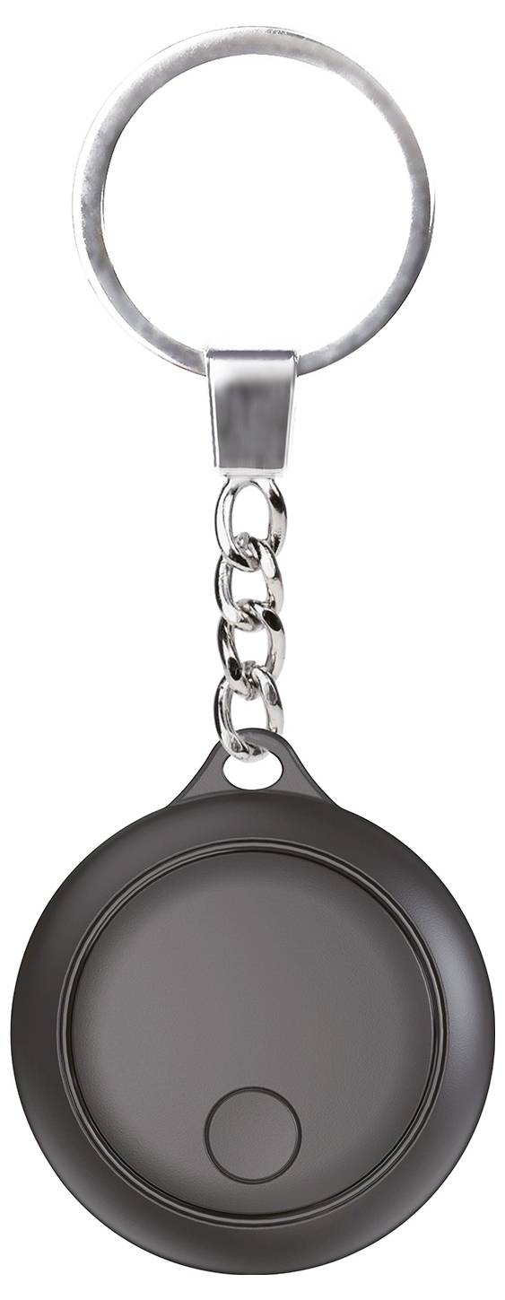 Czarny, okrągły brelok do kluczy z prostym metalowym łańcuszkiem i pustą przednią stroną.