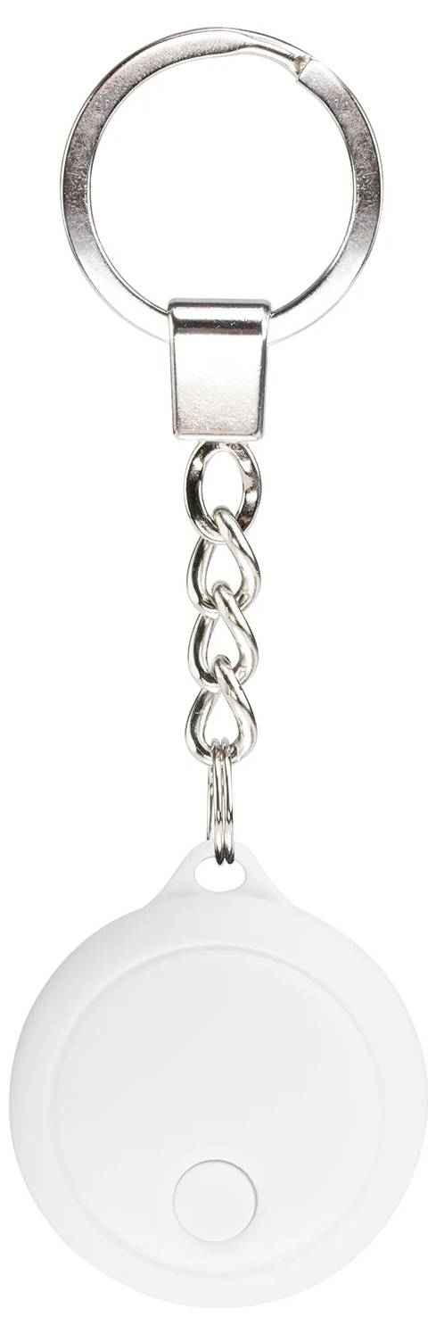 Biały, okrągły brelok z kluczem, wyposażony w łańcuszek i przycisk w środku, prawdopodobnie elektroniczne urządzenie.