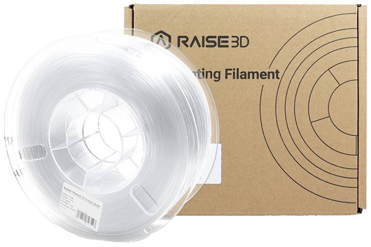 Przezroczysta szpula filamentu do drukarki 3D na tle brązowego opakowania z napisem 'Raise3D Printing Filament'.