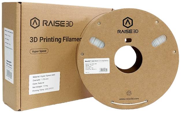 Szpula filamentu Raise3D do druku 3D w kolorze naturalnym z pudełkiem. Średnica wynosi 1,75 mm, a materiał to Hyper Speed ABS.