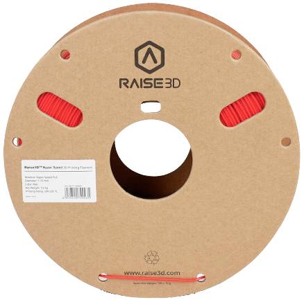 Szpula z czerwonym materiałem do druku 3D firmy Raise3D. Zawiera informacje o produkcie, takie jak rodzaj materiału 'PLA', waga 1 kg i średnica 1,75 mm.