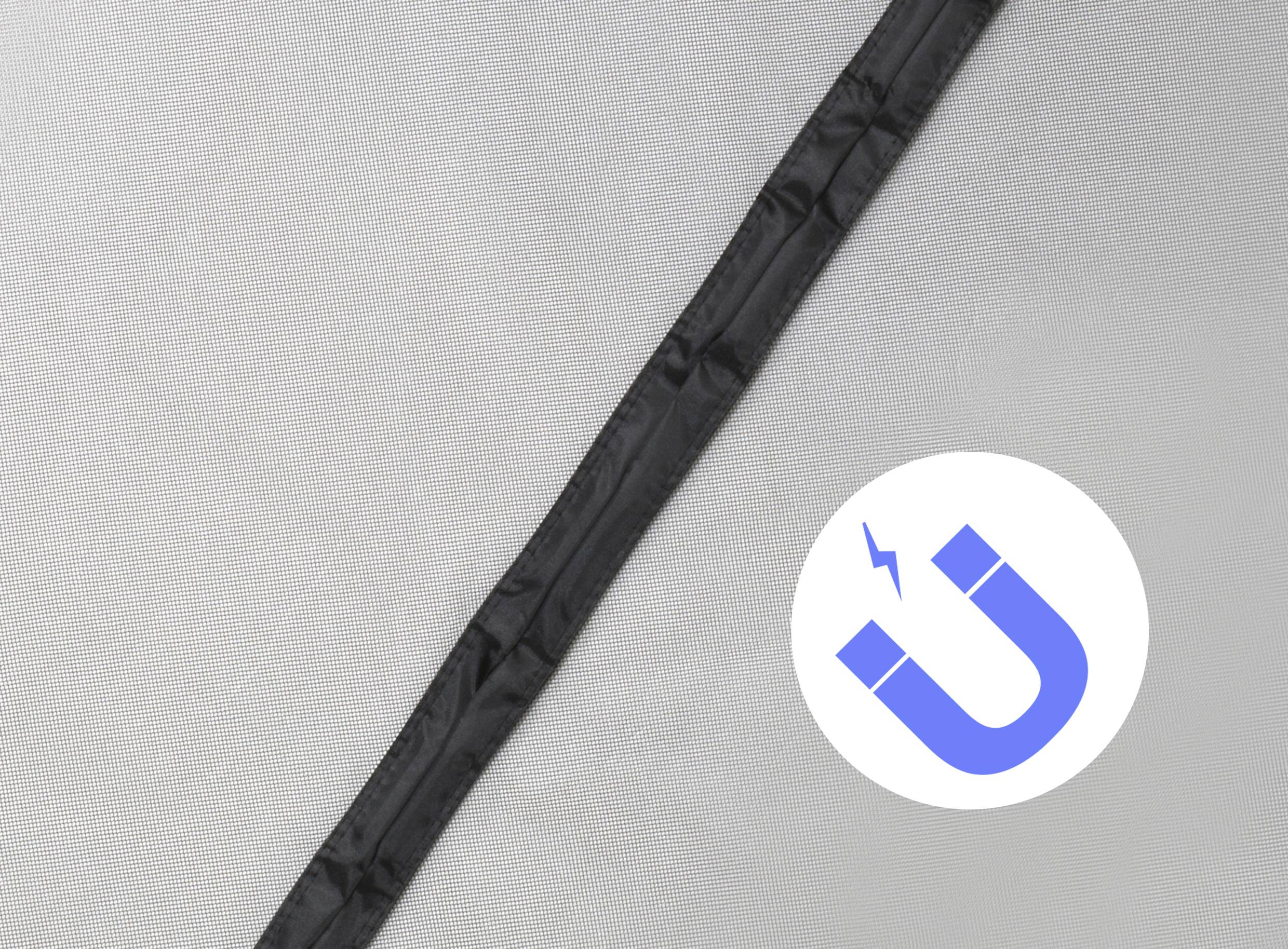 Czarny pasek magnetyczny na szarym tle z niebieskim symbolem magnesu obok.