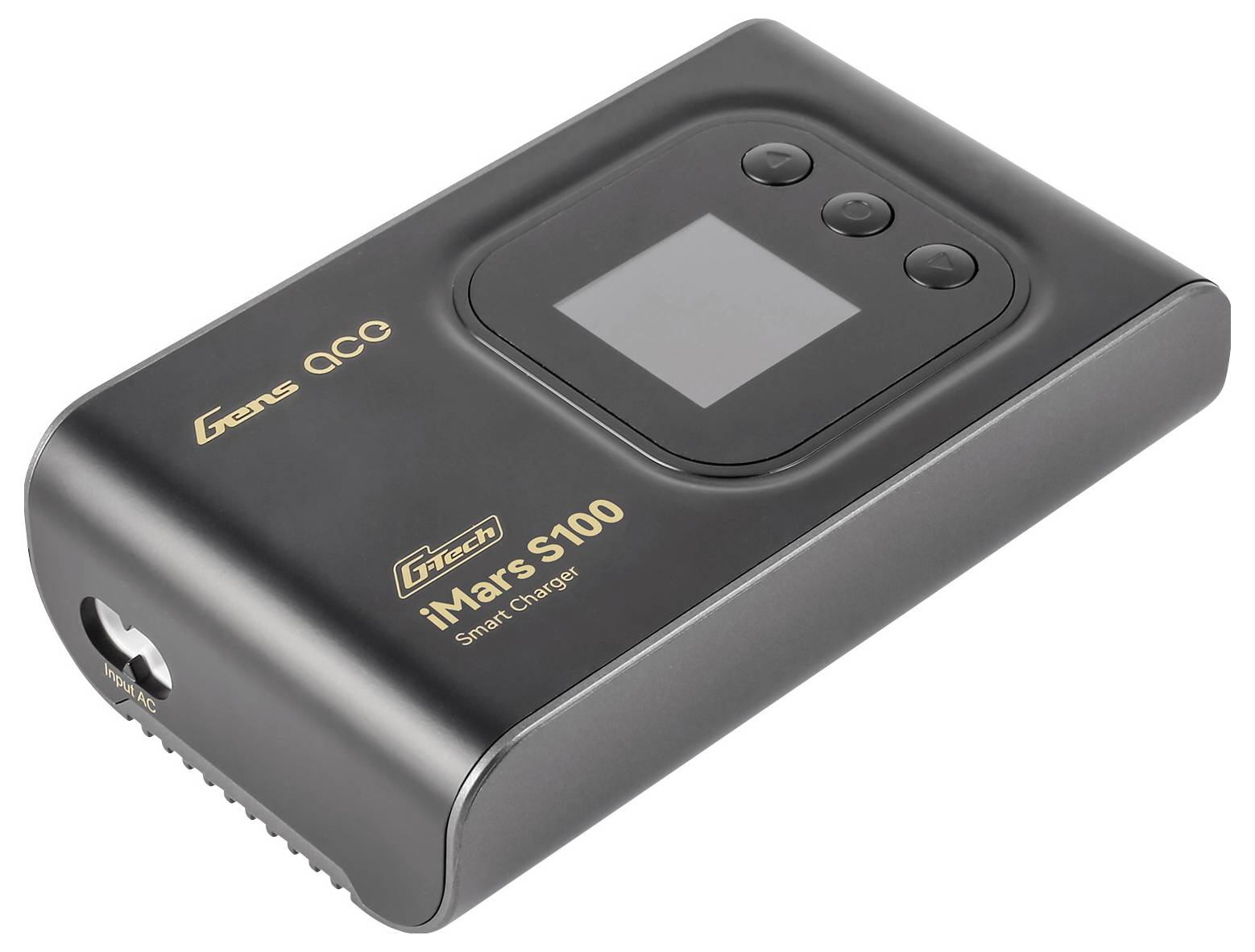 Czarny, prostokątny ładowarka z małym wyświetlaczem i trzema przyciskami na górze. Napis 'iMars S100 Smart Charger'.