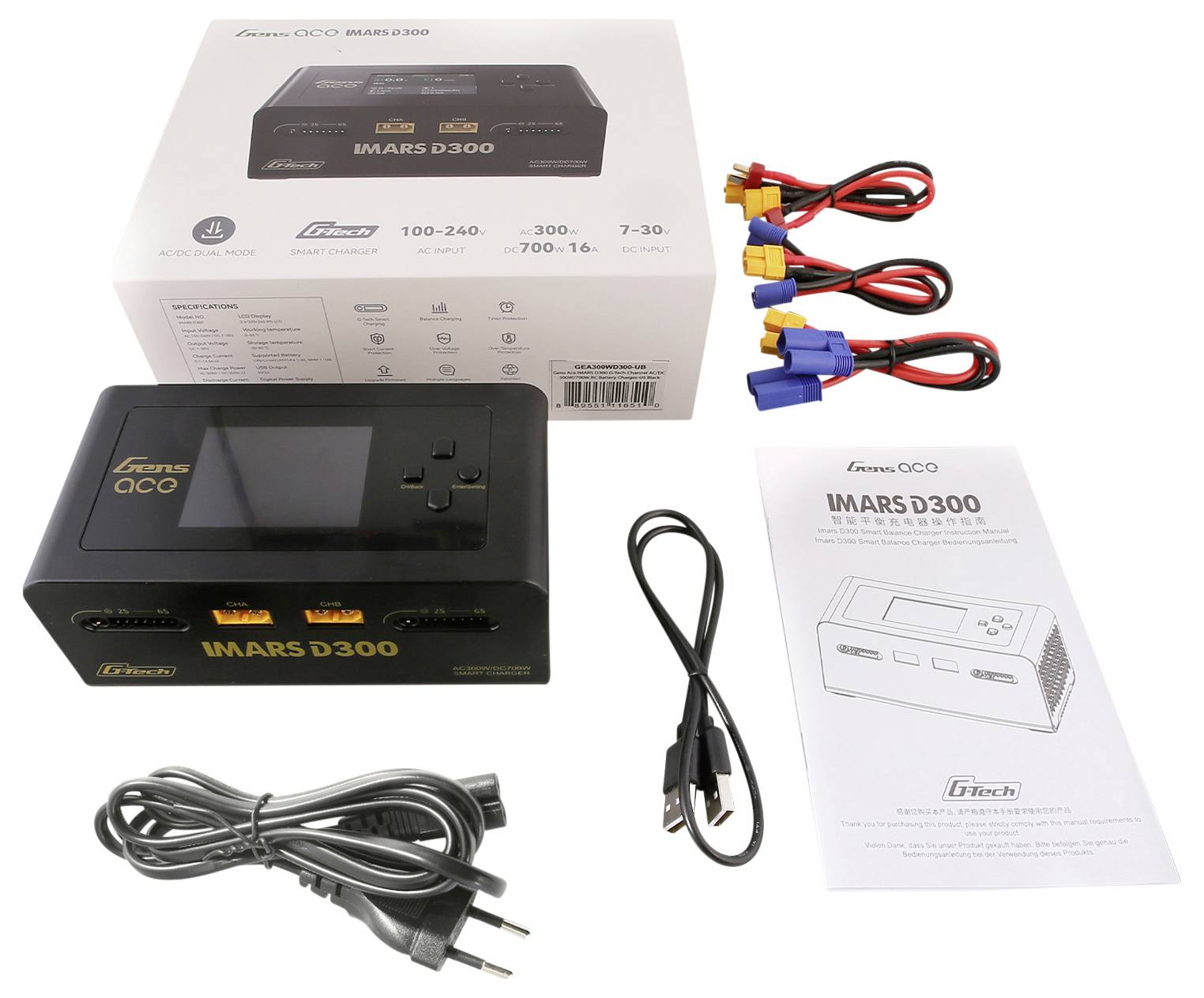 Zestaw ładujący zawierający zasilacz, przewody przyłączeniowe oraz instrukcję obsługi do modelu 'IMARS D300' firmy Gens Ace.