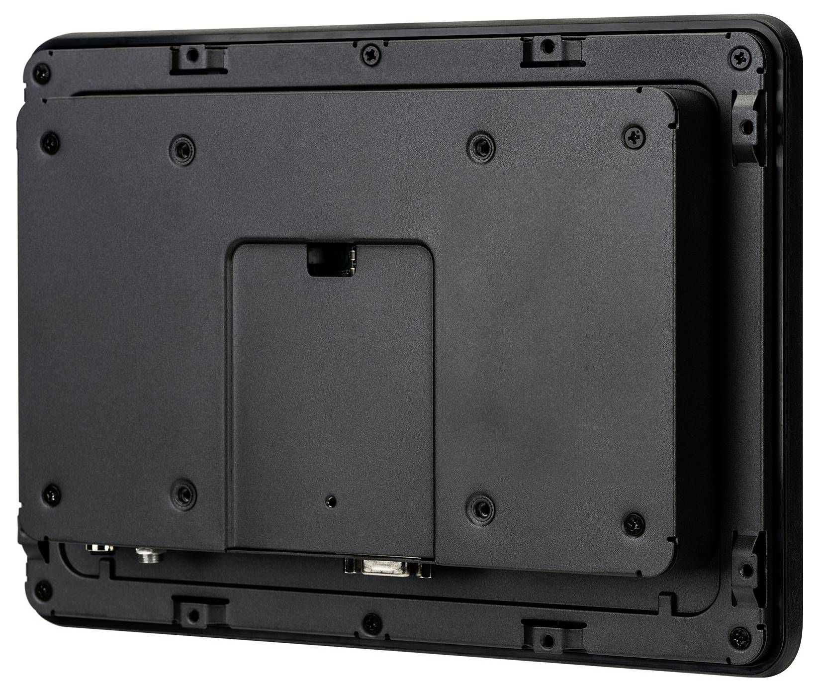 Czarny elektroniczny sprzęt wyglądający jak ekran od tyłu. Posiada kilka śrub i możliwości podłączenia.