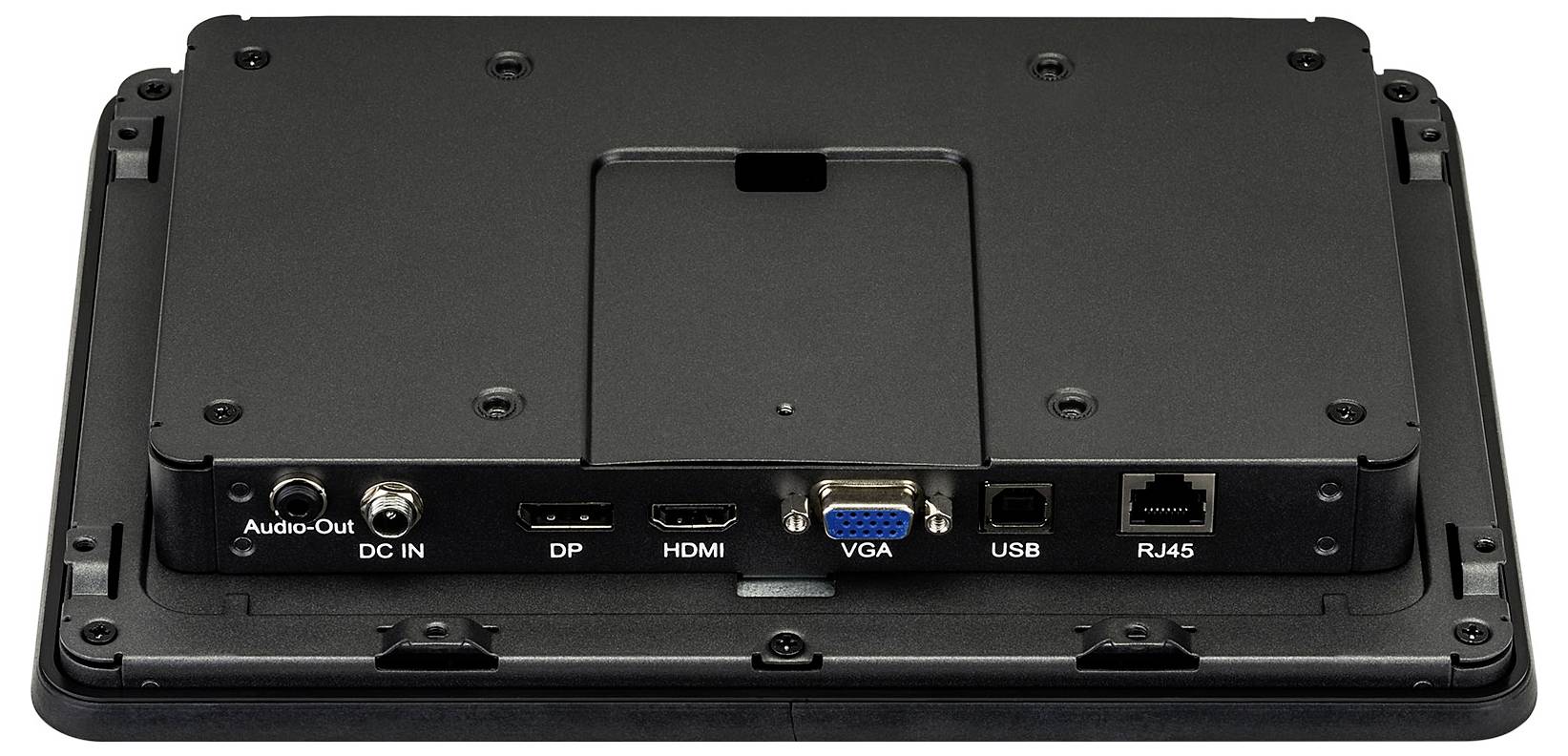 Widok z tyłu urządzenia z gniazdami: Audio-Out, DC IN, DP, HDMI, VGA, USB, RJ45.