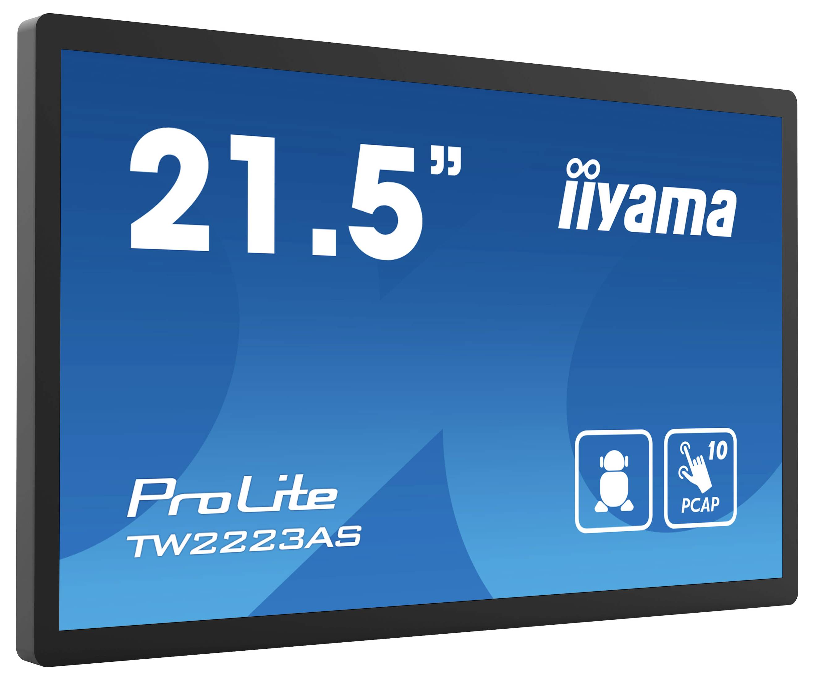 Monitor 21,5" iiyama ProLite TW2223AS, niebieski tło, symbol kompatybilności z ekranem dotykowym.