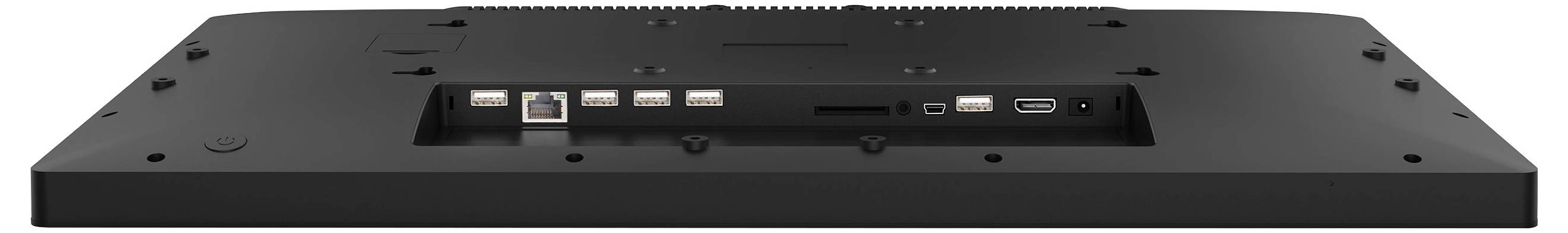 Tylna strona czarnego monitora z wieloma możliwościami podłączenia, w tym portami USB, HDMI i DisplayPort.