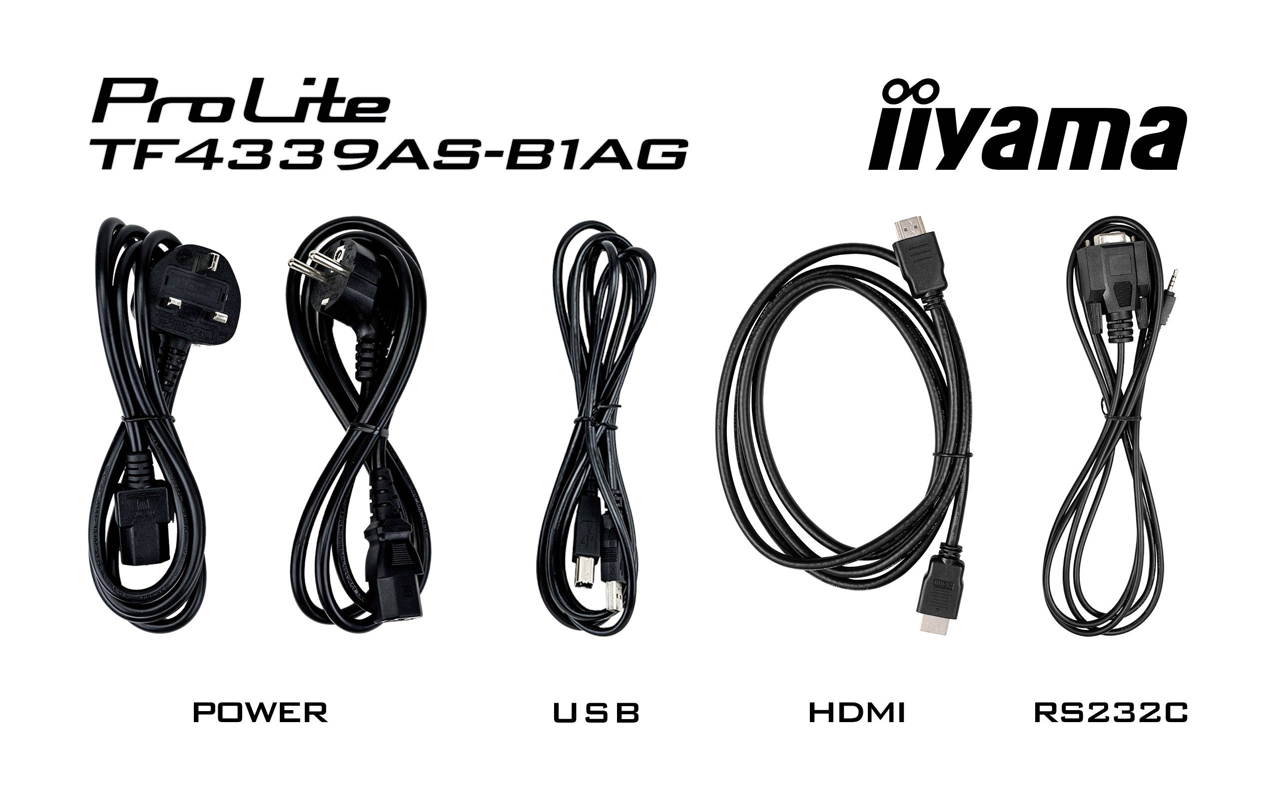 'Ilustracja kabli monitora iiyama ProLite TF4339AS-B1AG: kabel zasilający, kabel USB, kabel HDMI oraz kabel RS232C.'