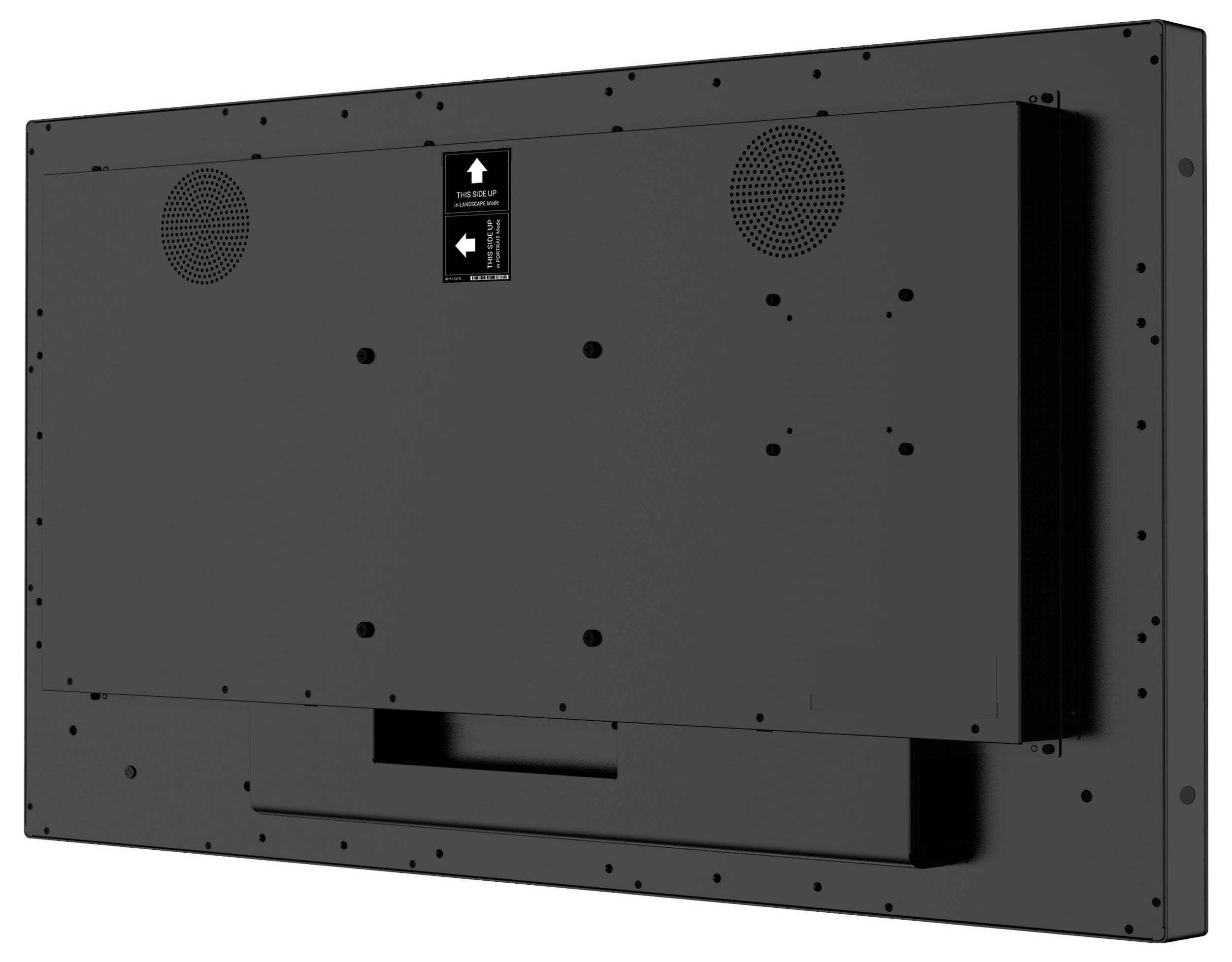 Tylna strona czarnego telewizora płaskiego, ukazująca otwory montażowe i wentylacyjne.