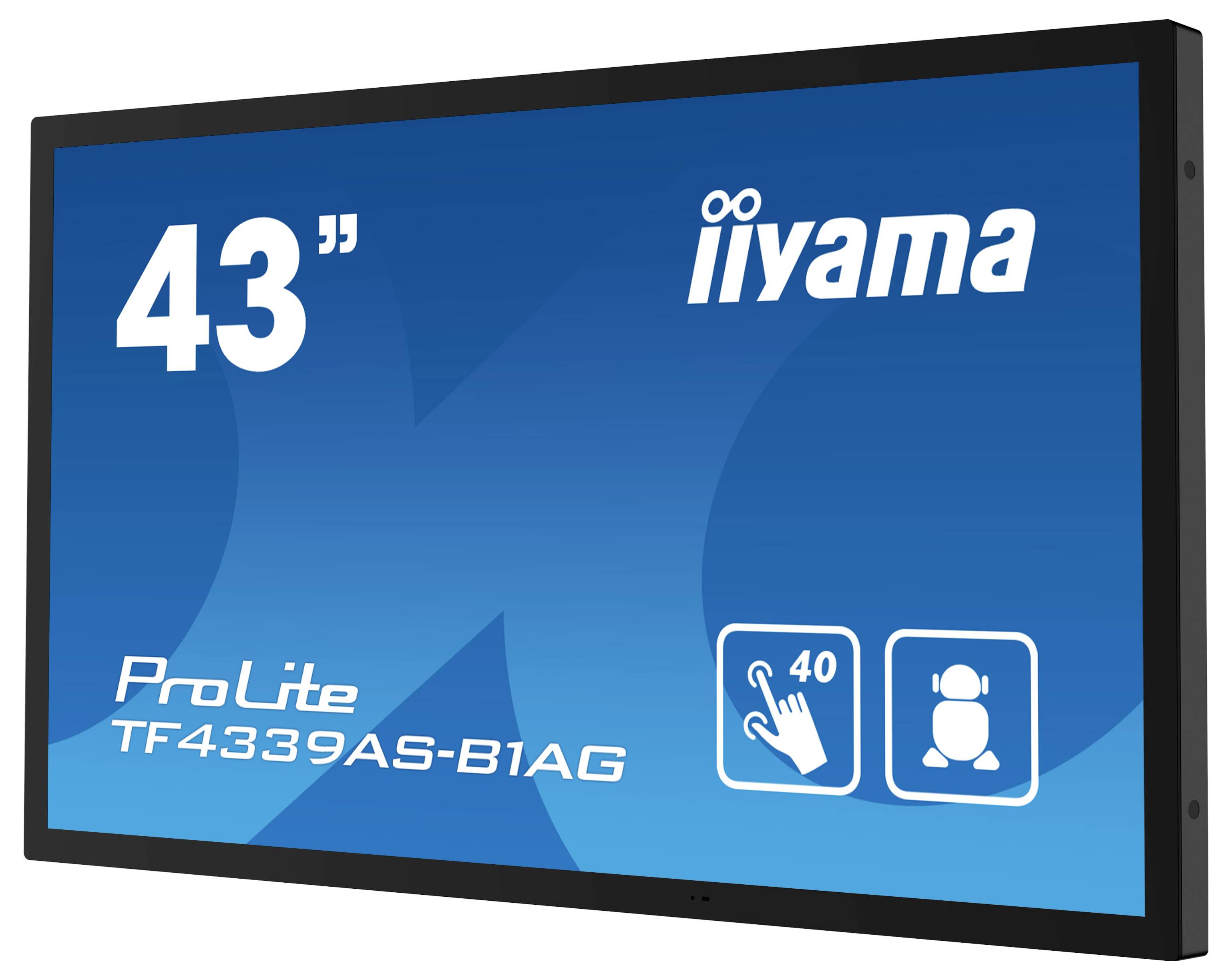 Monitor Iiyama o przekątnej 43 cali, model 'ProLite TF4339AS-B1AG', z niebieskim tłem graficznym, wyposażony w ekran dotykowy i symbol pojemności użytkownika.